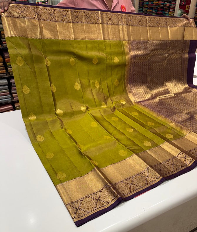 Mehandi color Saree with Contrast Purple Border &  Gold Zari butta