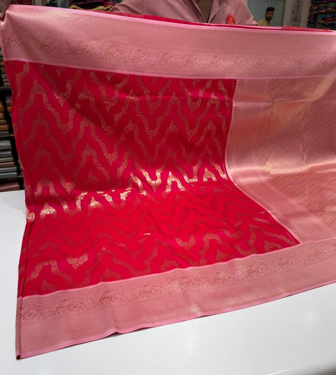 Traditional Pink Saree with Light Pink Border & Rich Floral Zari Design