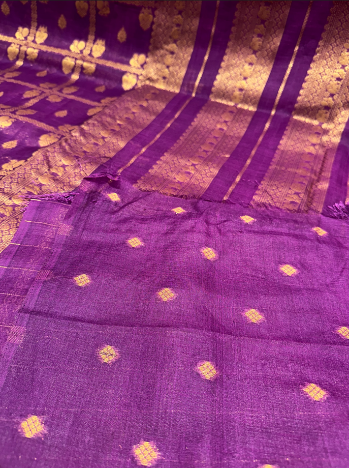 Lightweight Purple Raw Silk Saree with Elegant Gold Zari Buttas – Perfect for Traditional & Daily Wear