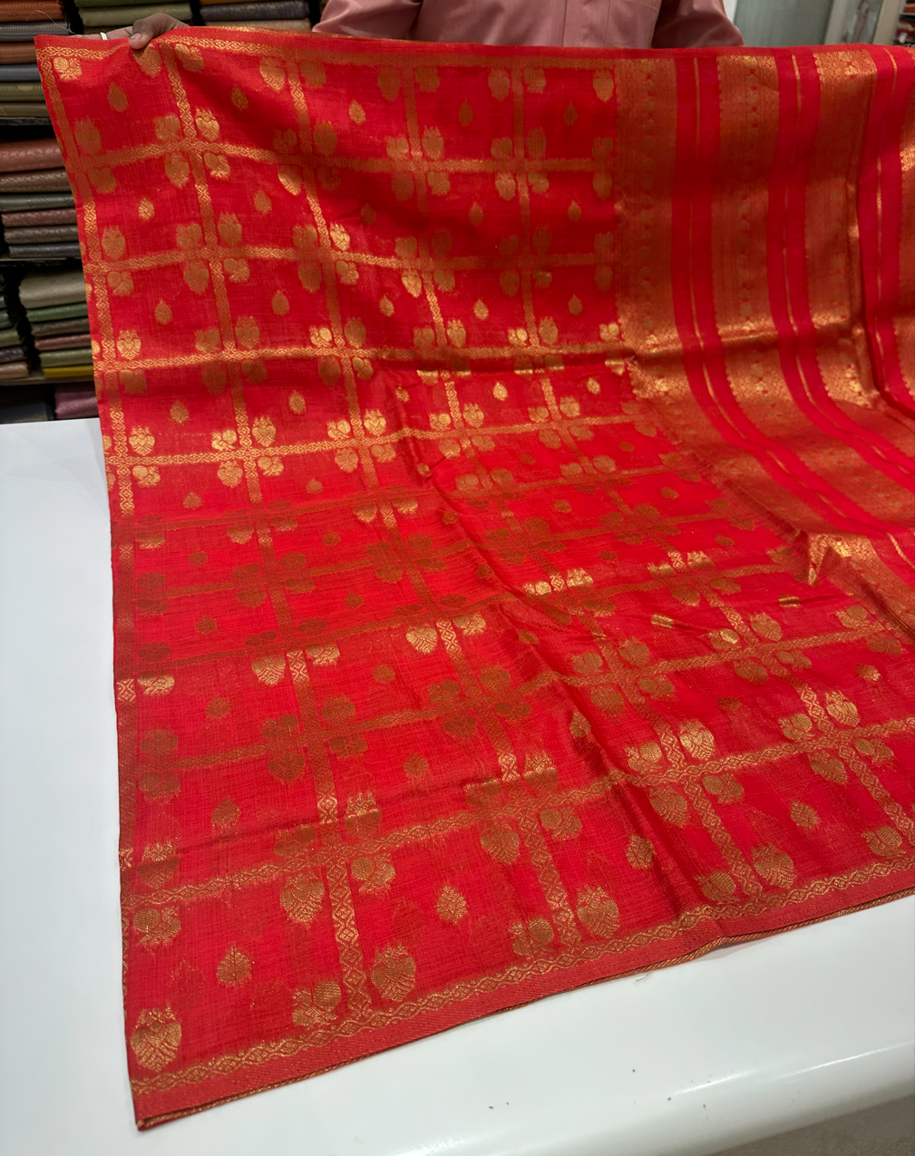 Comfortable Red Raw Silk Saree with Gold Zari Checks and Buttas- Perfect for Regular, Office, and Traditional Wear