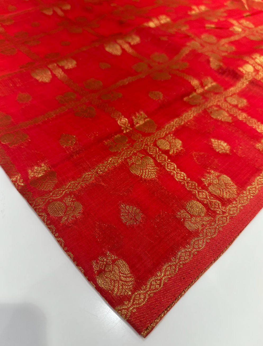Comfortable Red Raw Silk Saree with Gold Zari Checks and Buttas- Perfect for Regular, Office, and Traditional Wear