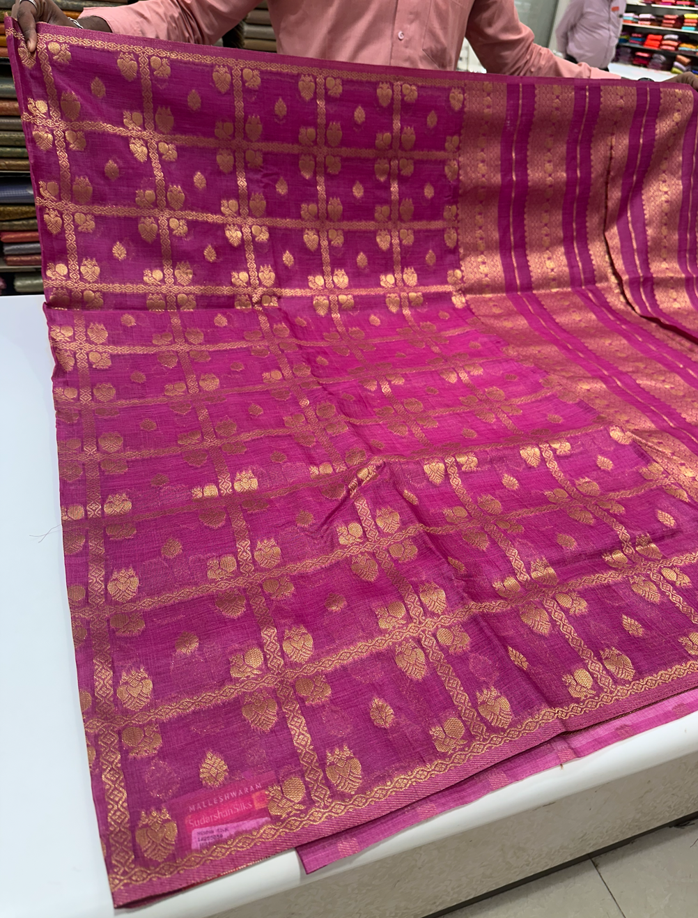 Onion Pink Raw Silk Saree with Beautiful Gold Checks and Buttas