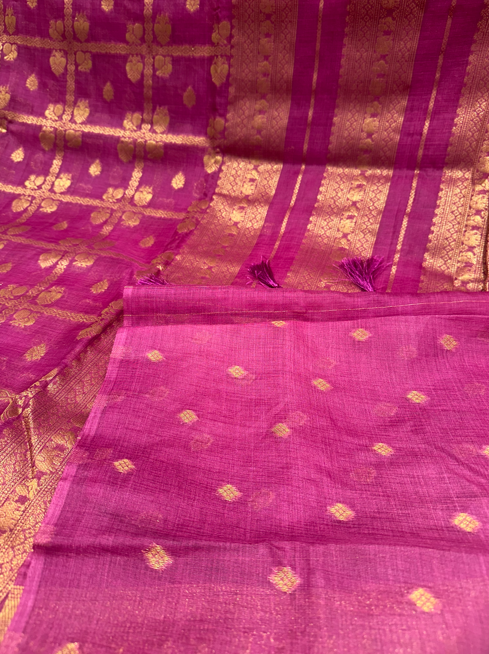 Onion Pink Raw Silk Saree with Beautiful Gold Checks and Buttas
