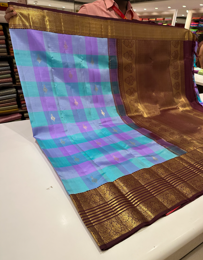 Pure Kanjivaram Multicolor Checks Saree with Brown Gold Zari Border & Buttas