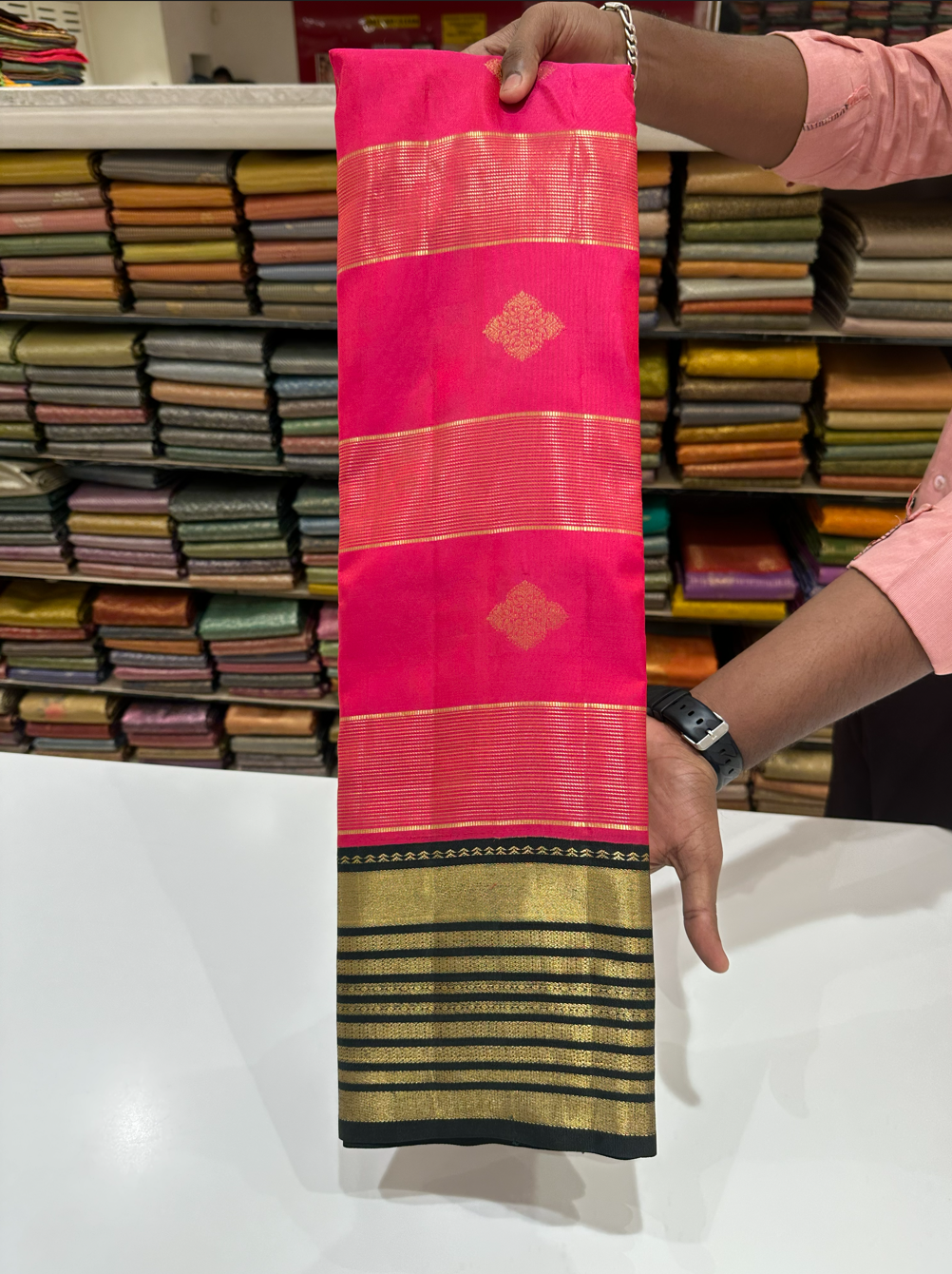 Pink Pure Kanjivaram Silk Saree with Black Gold Zari Border & Attached Blouse Piece