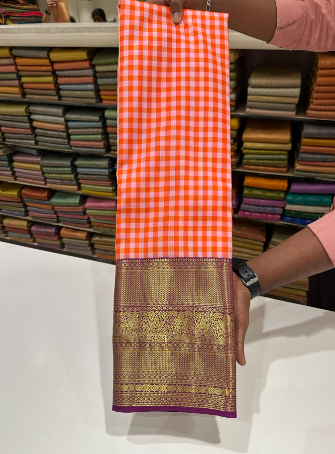 Pure Kanjivaram Silk Saree with Multicolor Checks & Purple Gold Zari Border