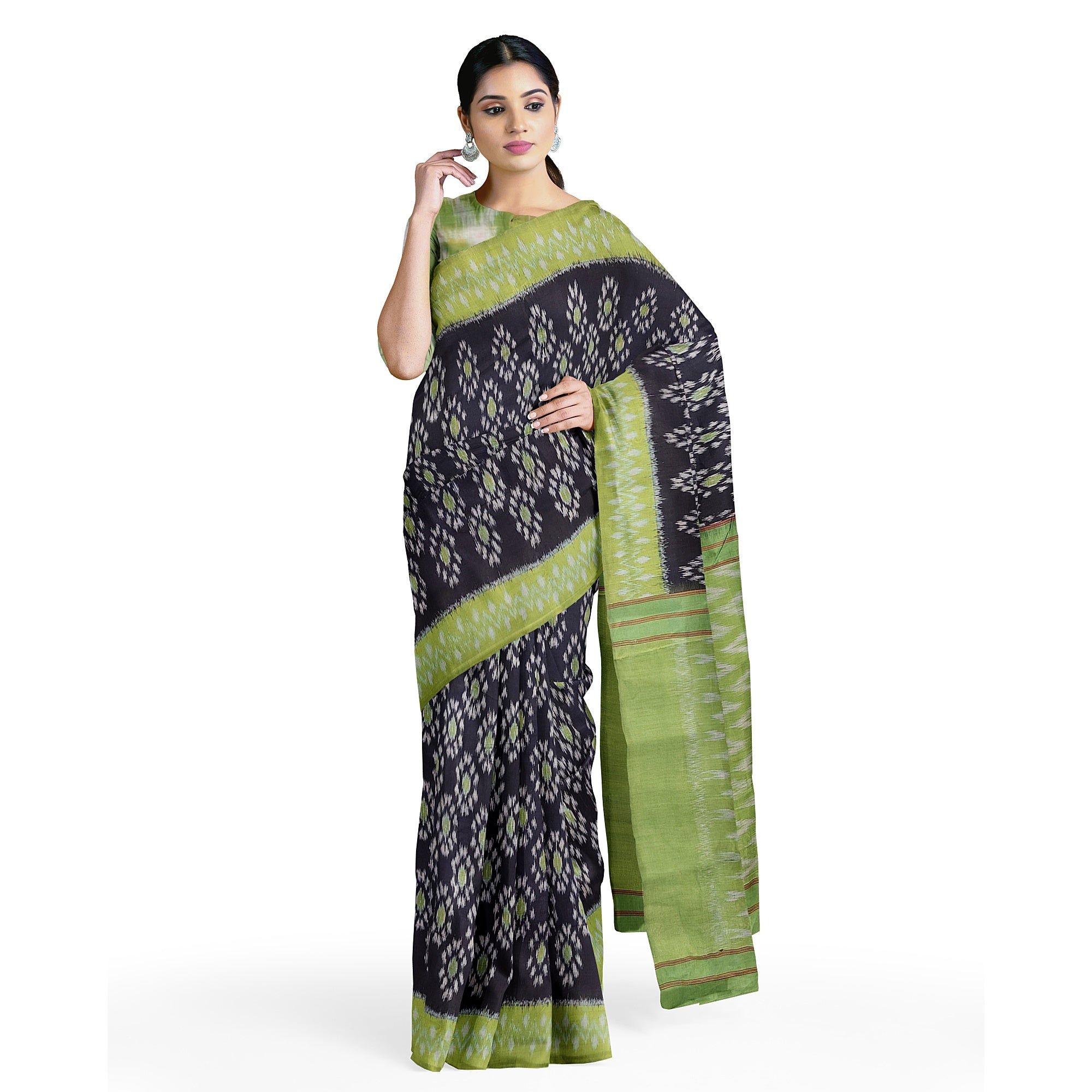Elegant Black Pochampalli Cotton Saree with Ikat Design & Leaf Green Border - New Sudarshan Silks`