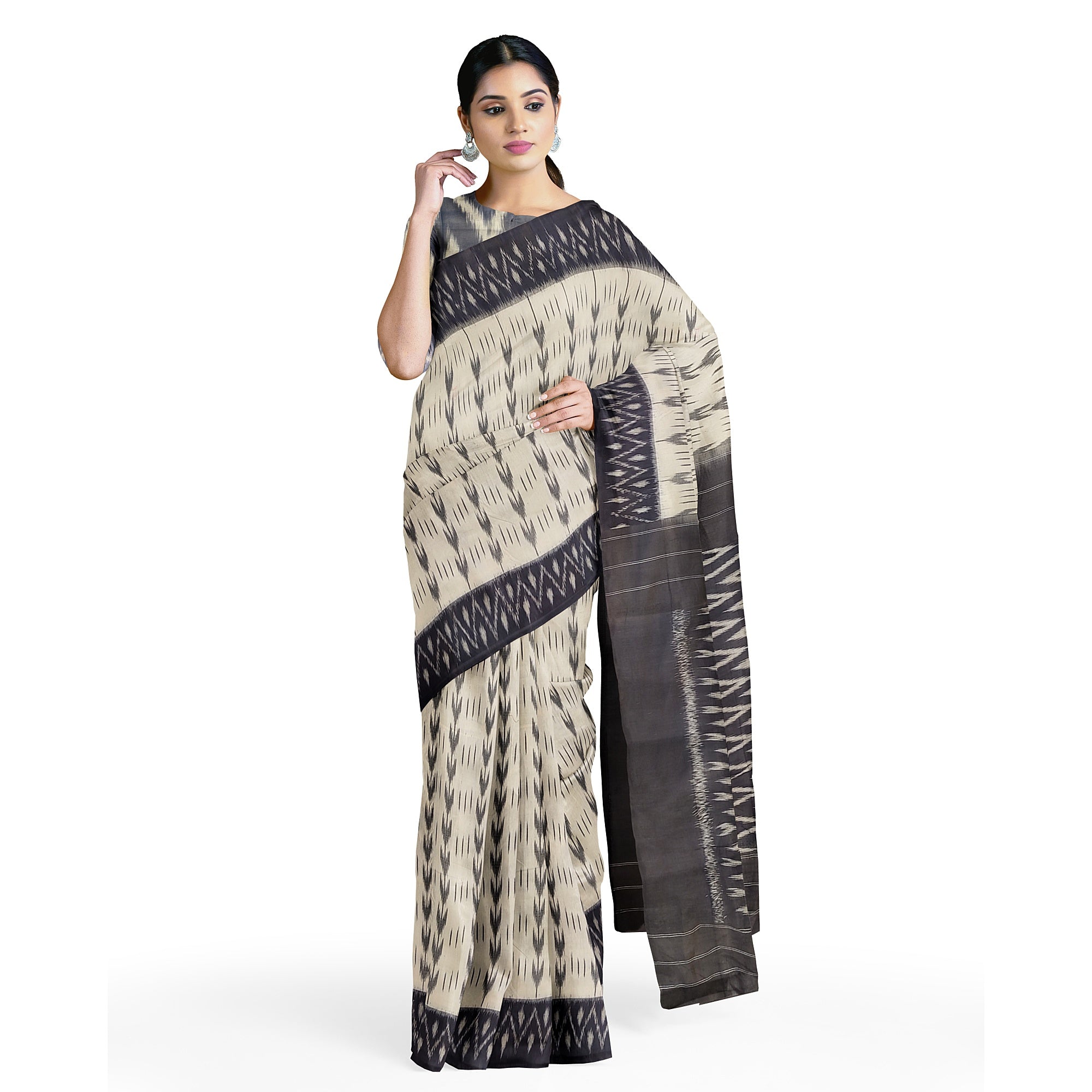 Chic White Pochampalli Cotton Saree with Ikat Design & Black Border - New Sudarshan Silks`