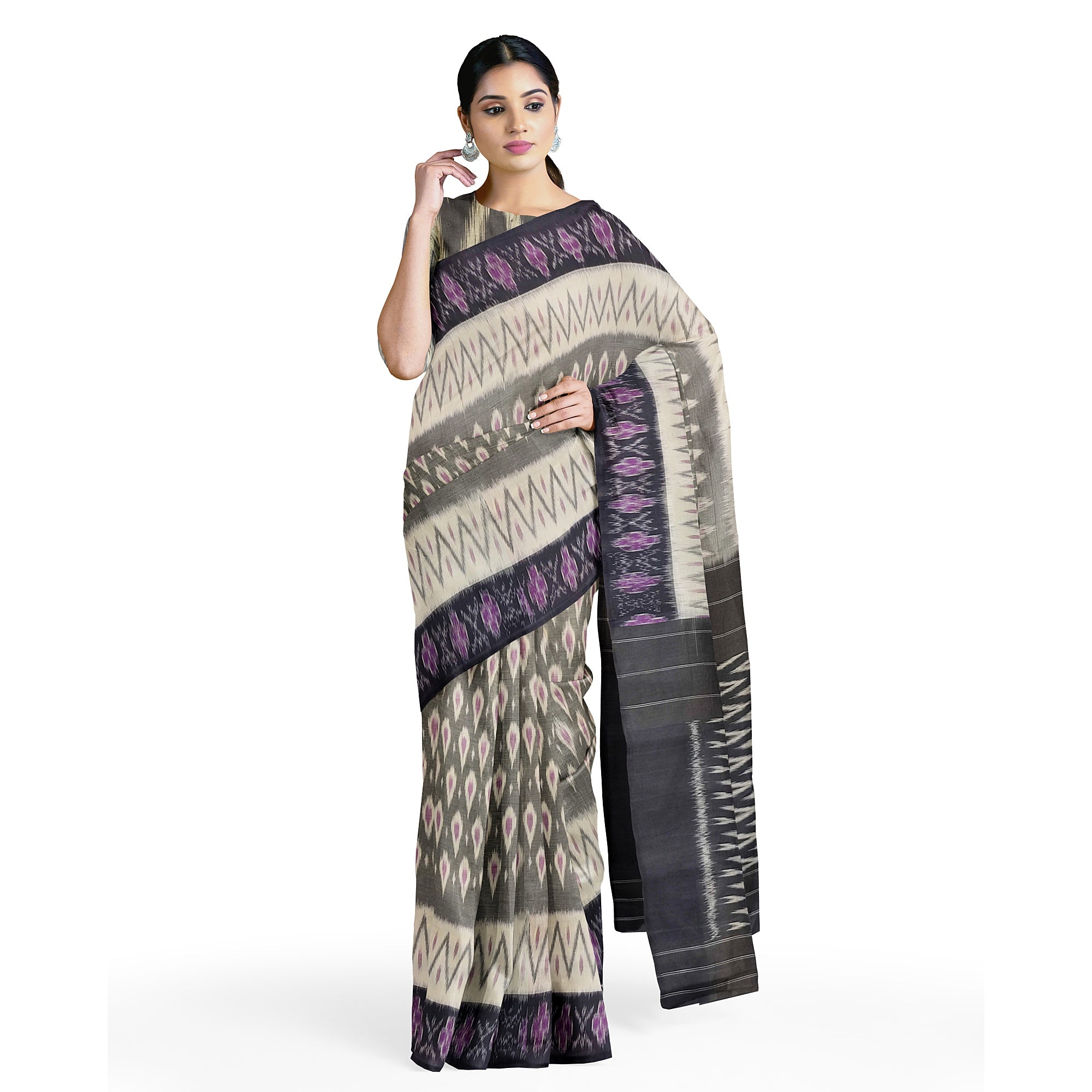 Elegant White Pochampalli Cotton Saree with Ikat Design & Purple Border - New Sudarshan Silks`