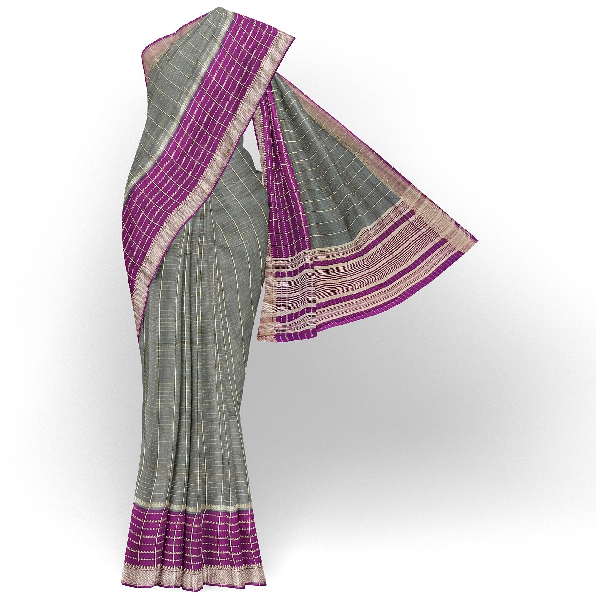 "Grey Checks Crepe Raw Silk Saree with Wine Border – Timeless Elegance" - New Sudarshan Silks`