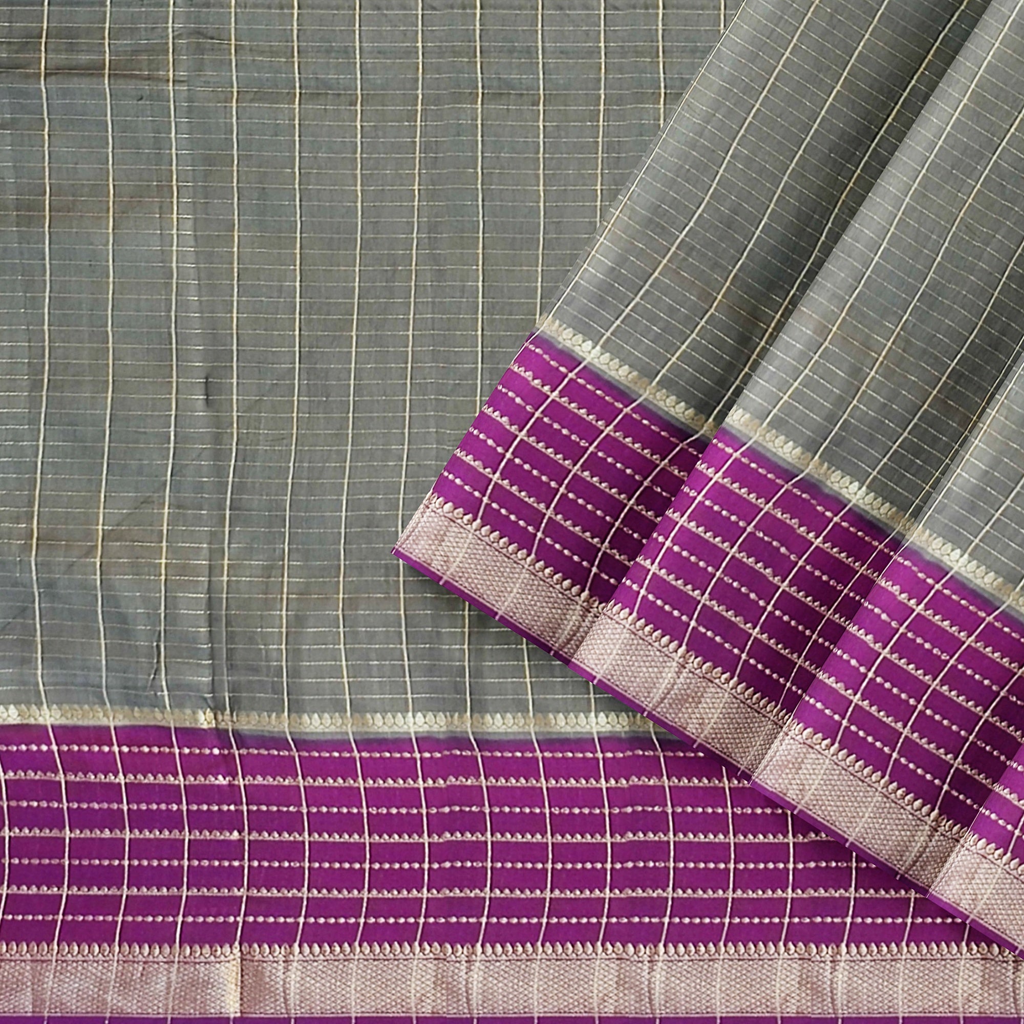 "Grey Checks Crepe Raw Silk Saree with Wine Border – Timeless Elegance" - New Sudarshan Silks`