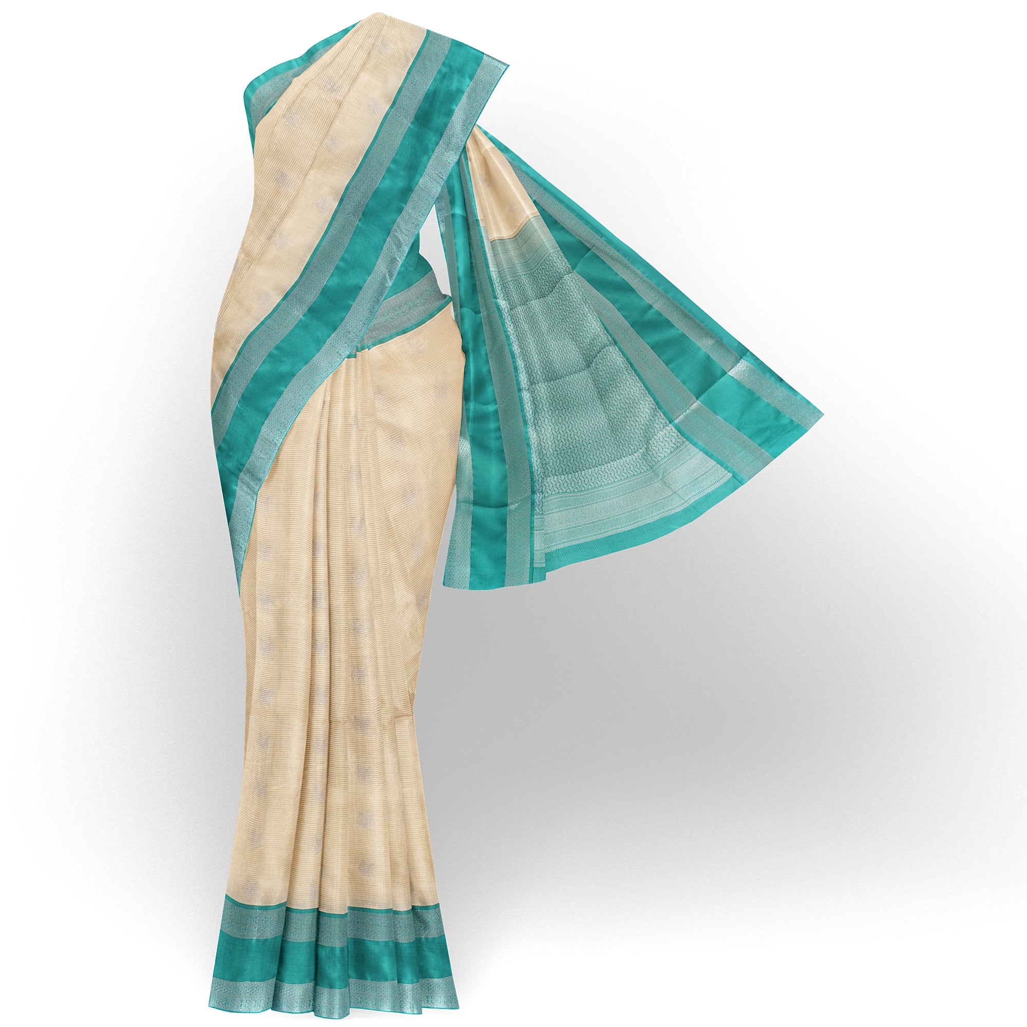 "Cream Semi Silk Saree with Rama Blue Border – Elegant Ethnic Wear" - New Sudarshan Silks`