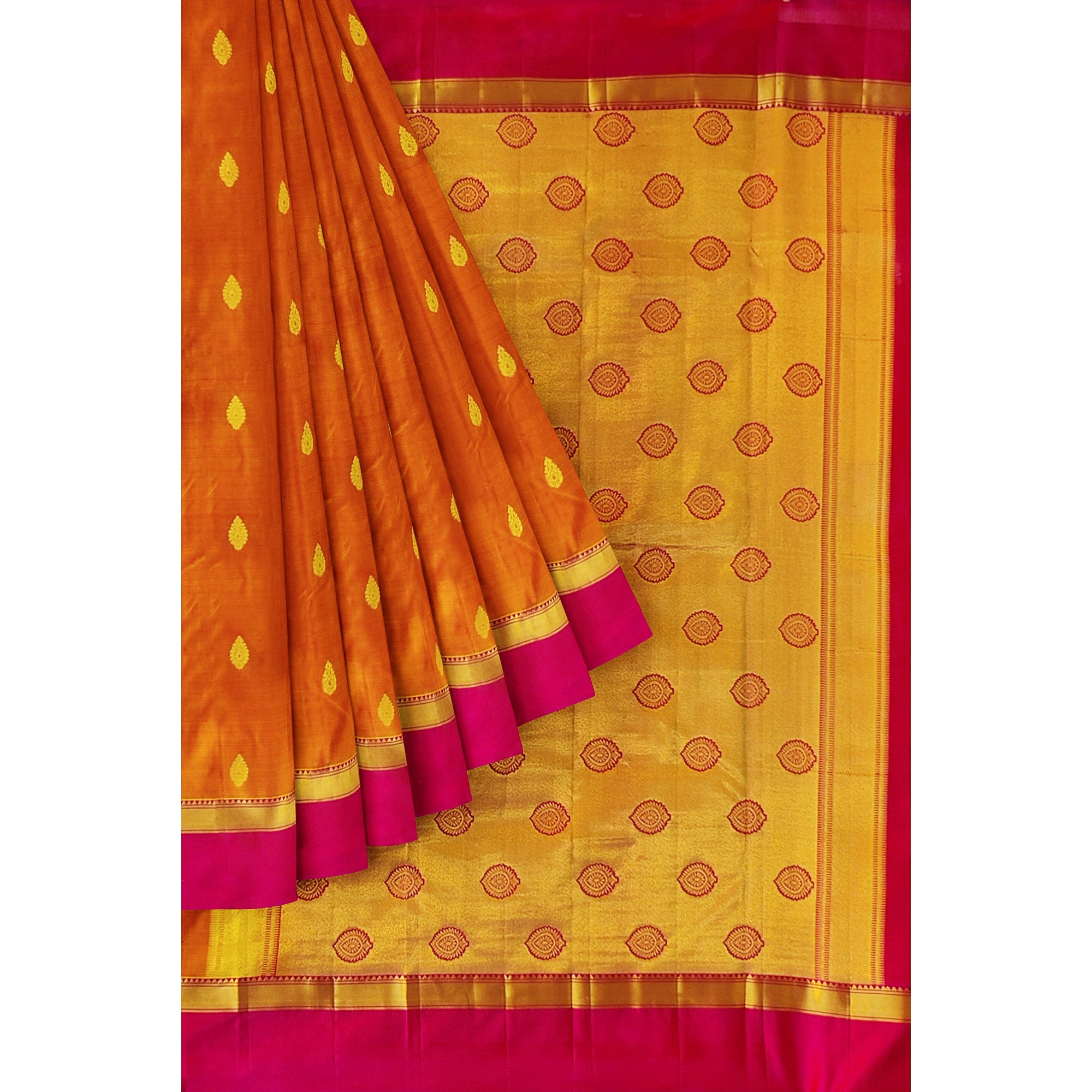 Mustard Yellow Double Shade Silk Saree with Zari Butta and Pink Border - New Sudarshan Silks`
