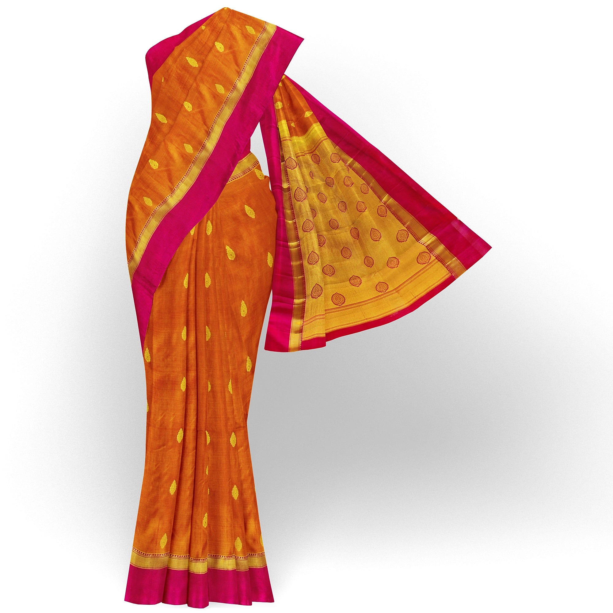 Mustard Yellow Double Shade Silk Saree with Zari Butta and Pink Border - New Sudarshan Silks`