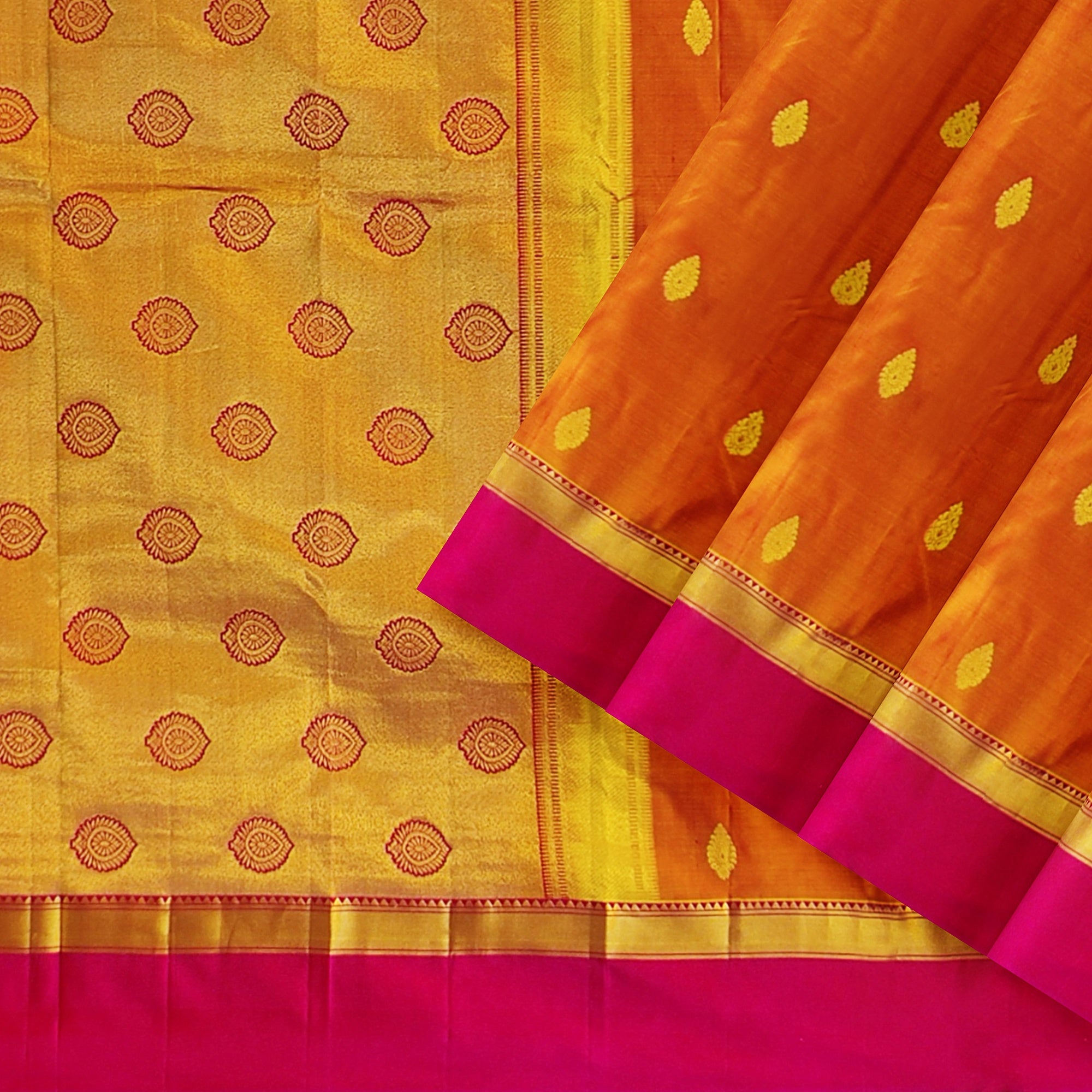 Mustard Yellow Double Shade Silk Saree with Zari Butta and Pink Border - New Sudarshan Silks`