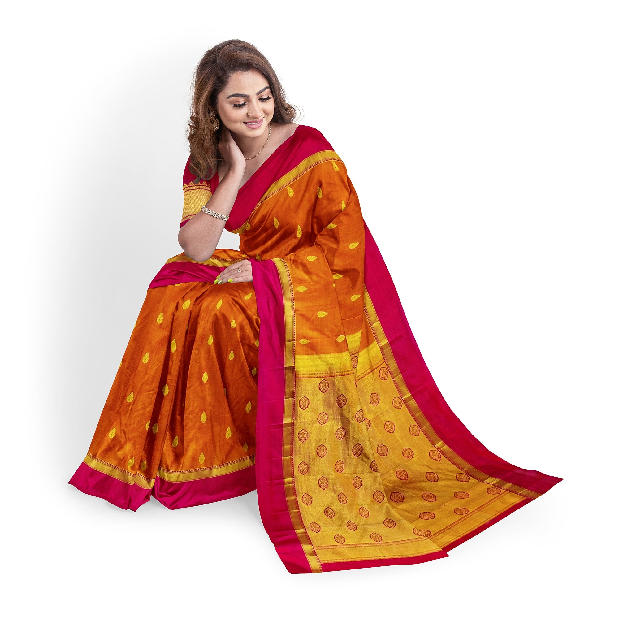 Mustard Yellow Double Shade Silk Saree with Zari Butta and Pink Border - New Sudarshan Silks`