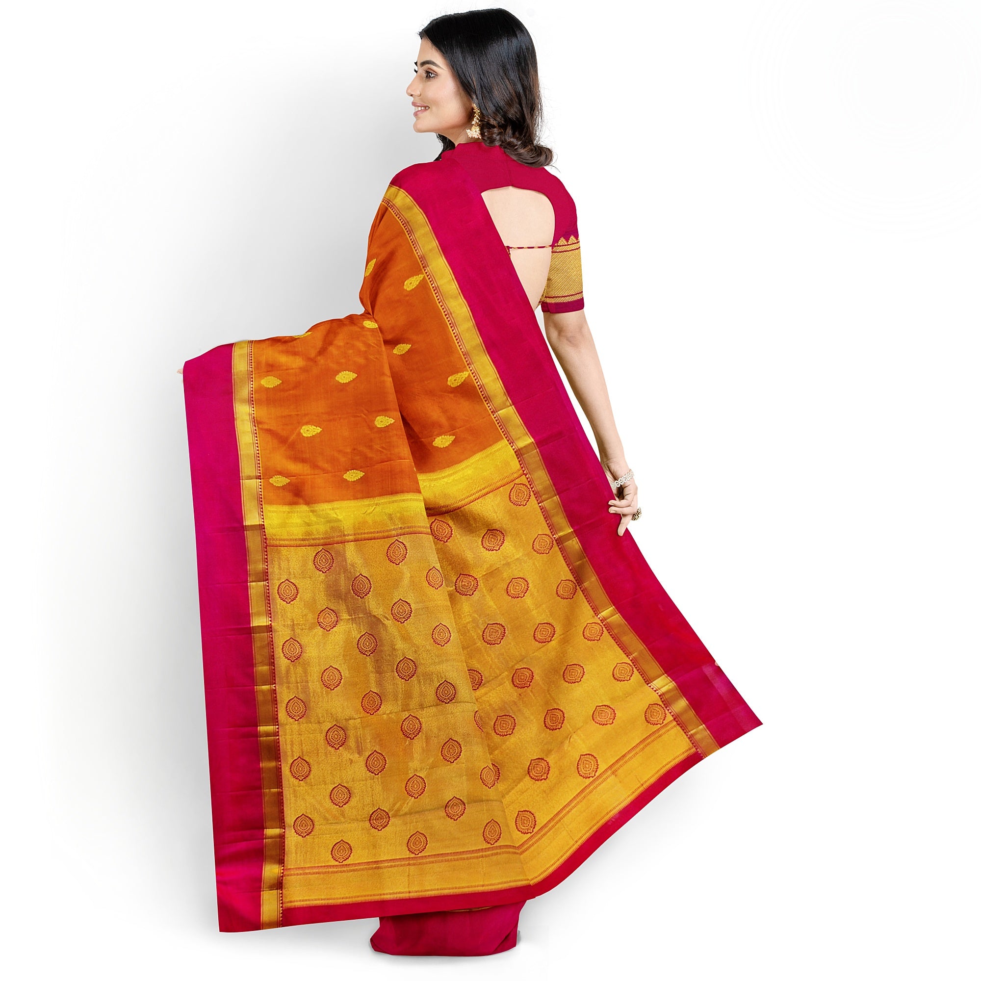 Mustard Yellow Double Shade Silk Saree with Zari Butta and Pink Border - New Sudarshan Silks`