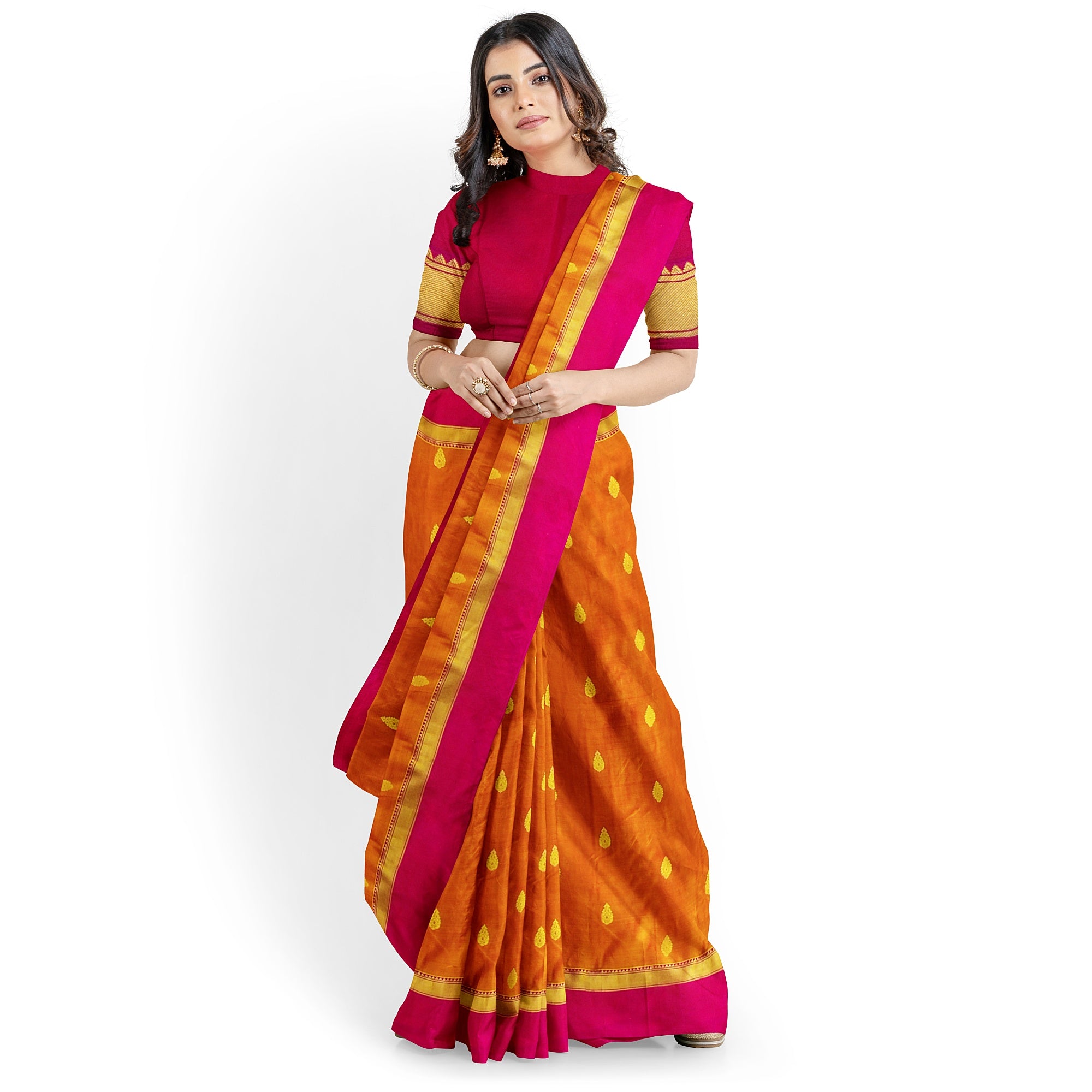 Mustard Yellow Double Shade Silk Saree with Zari Butta and Pink Border - New Sudarshan Silks`