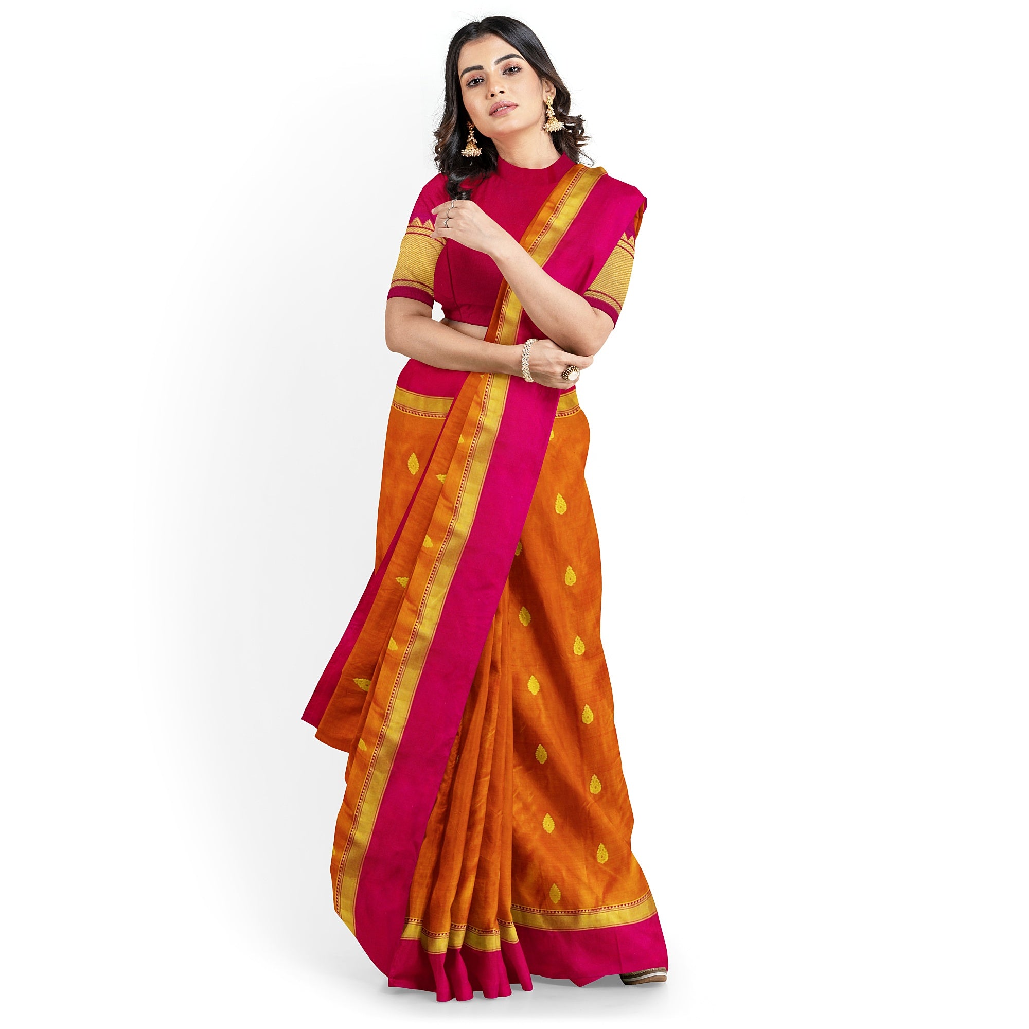Mustard Yellow Double Shade Silk Saree with Zari Butta and Pink Border - New Sudarshan Silks`
