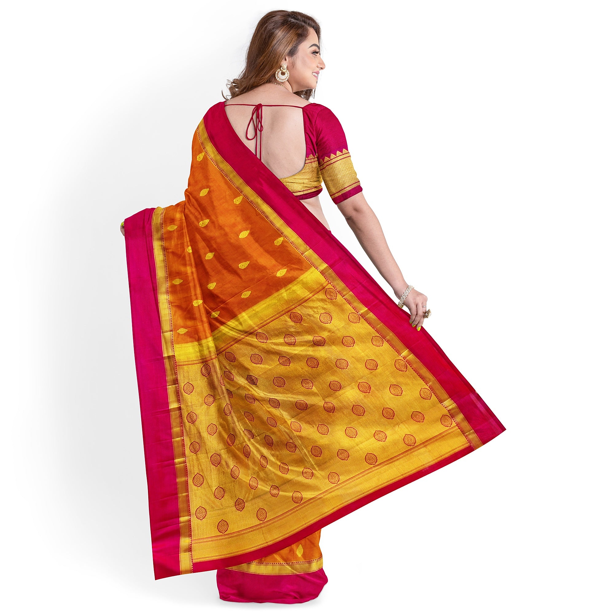 Mustard Yellow Double Shade Silk Saree with Zari Butta and Pink Border - New Sudarshan Silks`