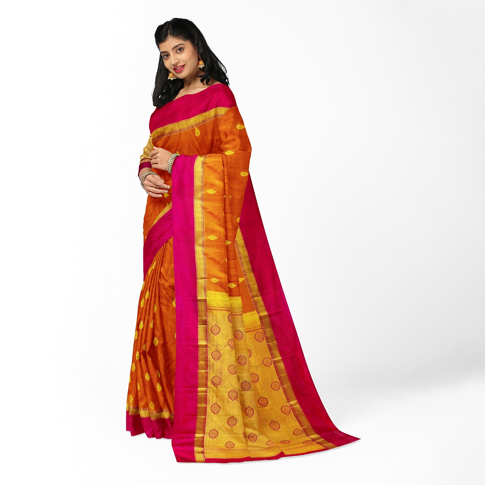 Mustard Yellow Double Shade Silk Saree with Zari Butta and Pink Border - New Sudarshan Silks`