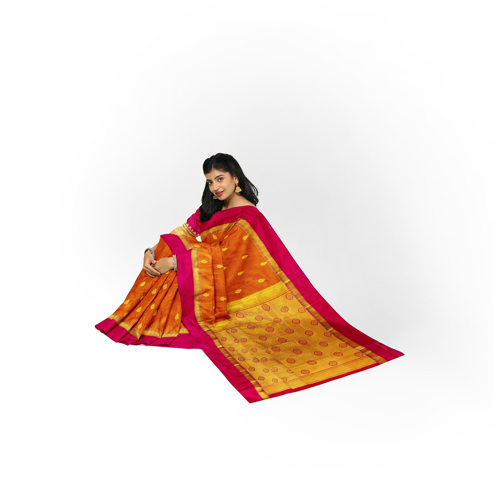 Mustard Yellow Double Shade Silk Saree with Zari Butta and Pink Border - New Sudarshan Silks`