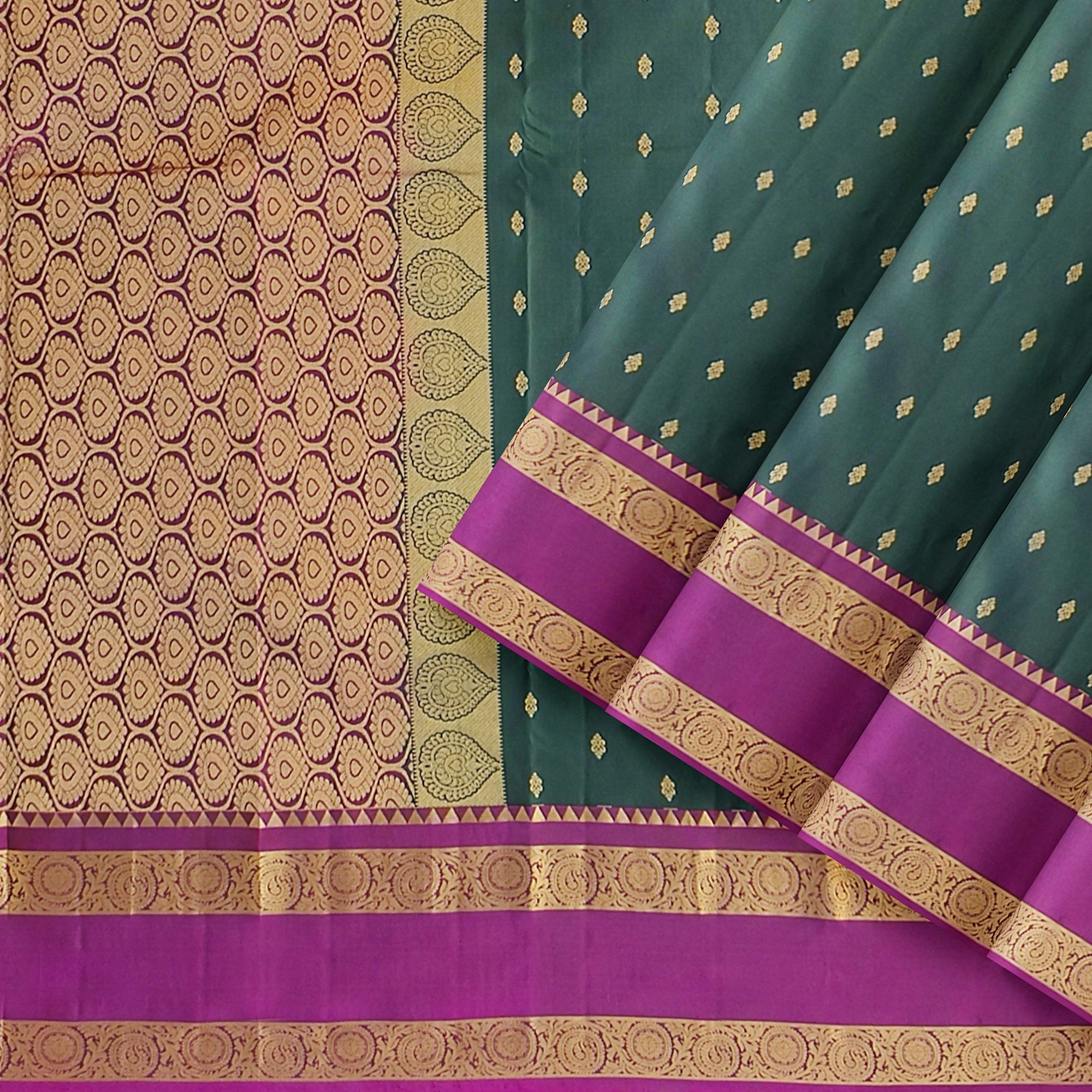 Bottle Green Silk Saree with Zari Butta and Magenta Pink Border – Elegant Kanjivaram Style - New Sudarshan Silks`