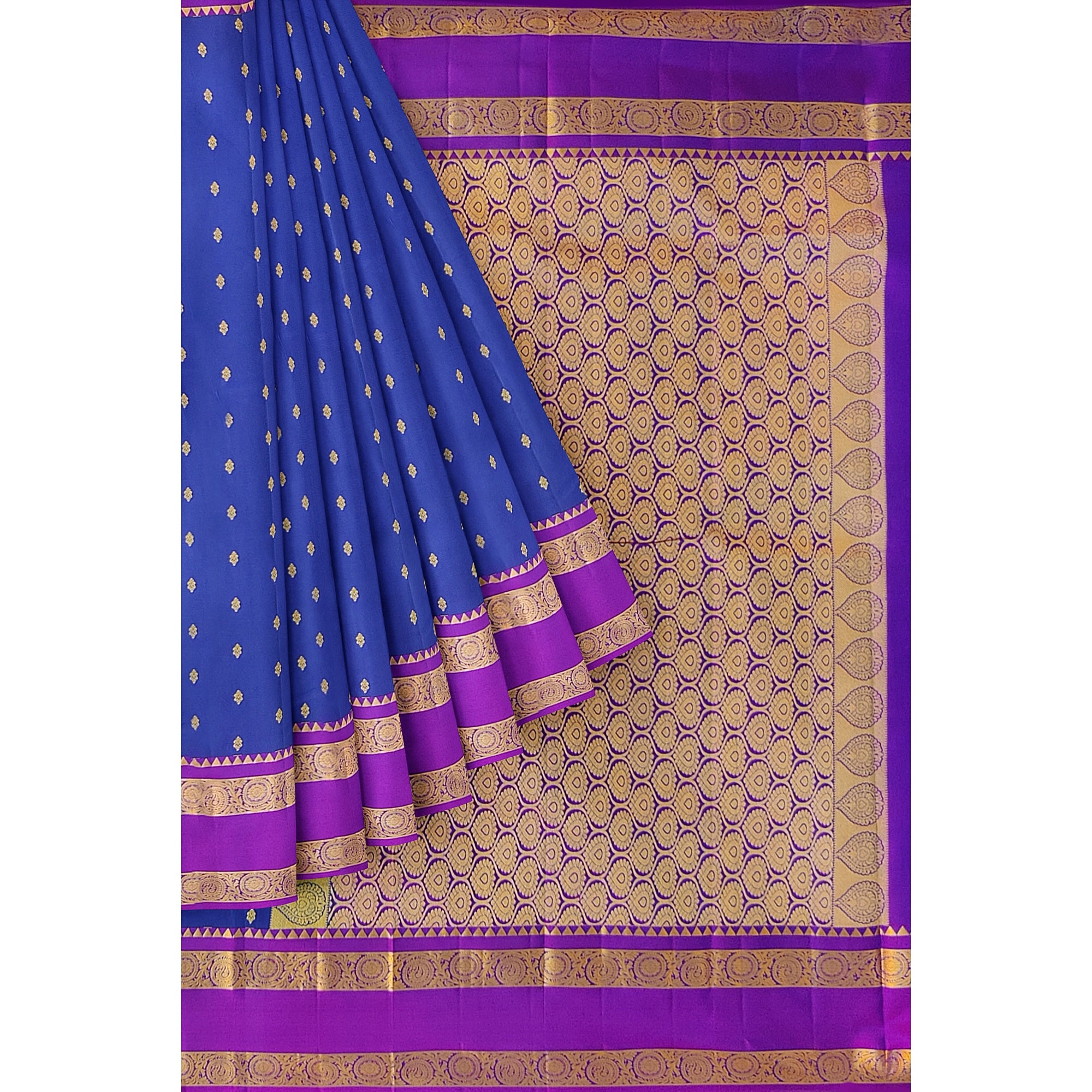 Ink Blue Silk Saree with Zari Butta and Magenta Pink Border – Traditional Kanjivaram Elegance - New Sudarshan Silks`