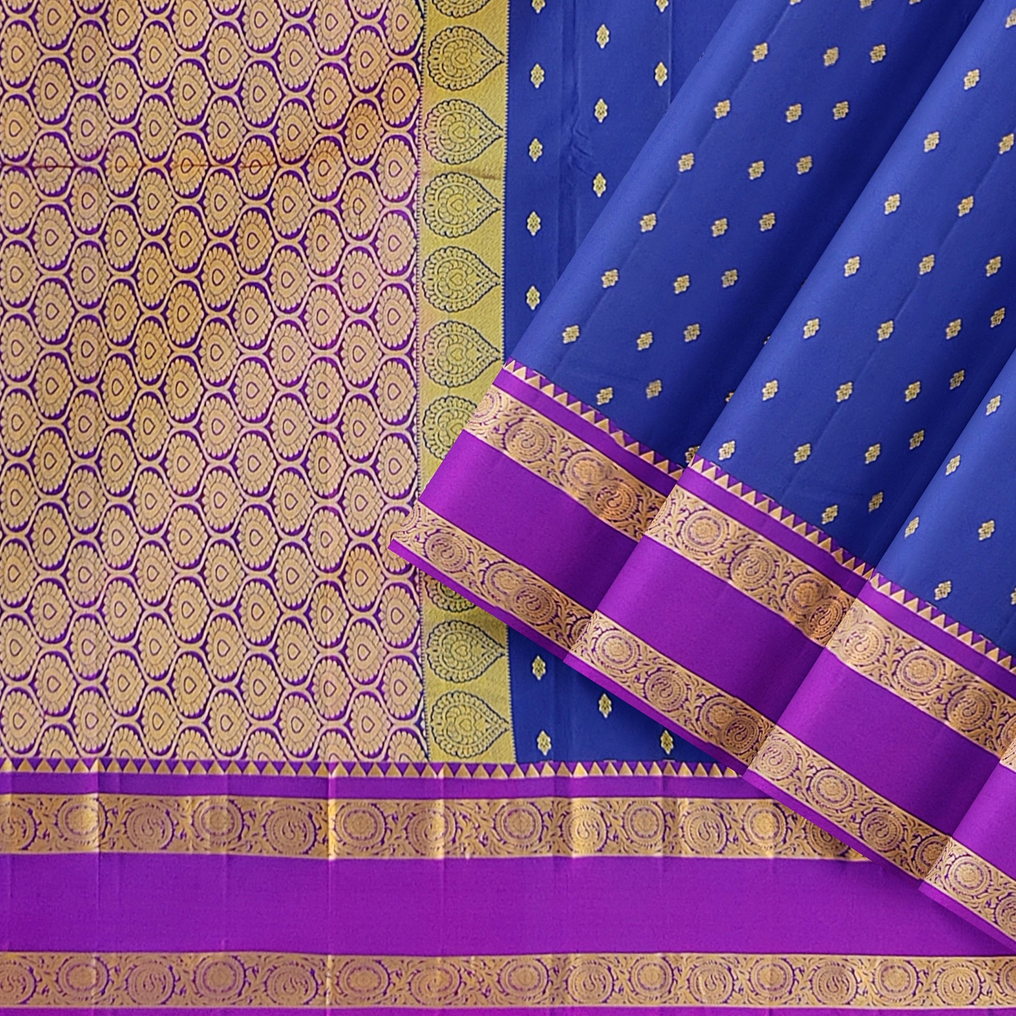 Ink Blue Silk Saree with Zari Butta and Magenta Pink Border – Traditional Kanjivaram Elegance - New Sudarshan Silks`