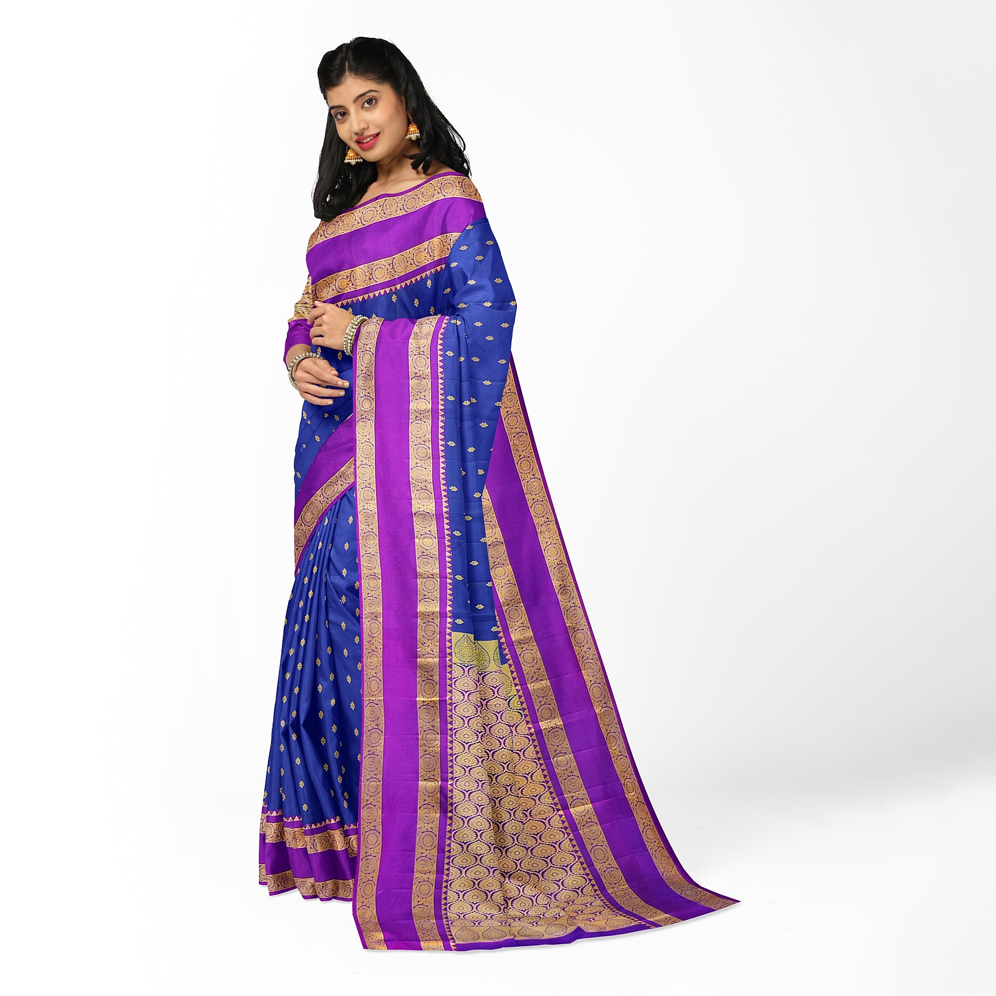 Ink Blue Silk Saree with Zari Butta and Magenta Pink Border – Traditional Kanjivaram Elegance - New Sudarshan Silks`