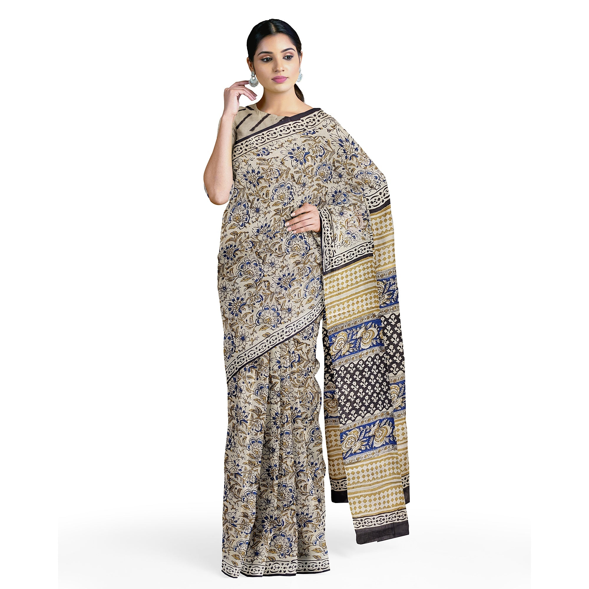 Elegant Cream Cotton Saree with Floral Design & Black Border - New Sudarshan Silks`