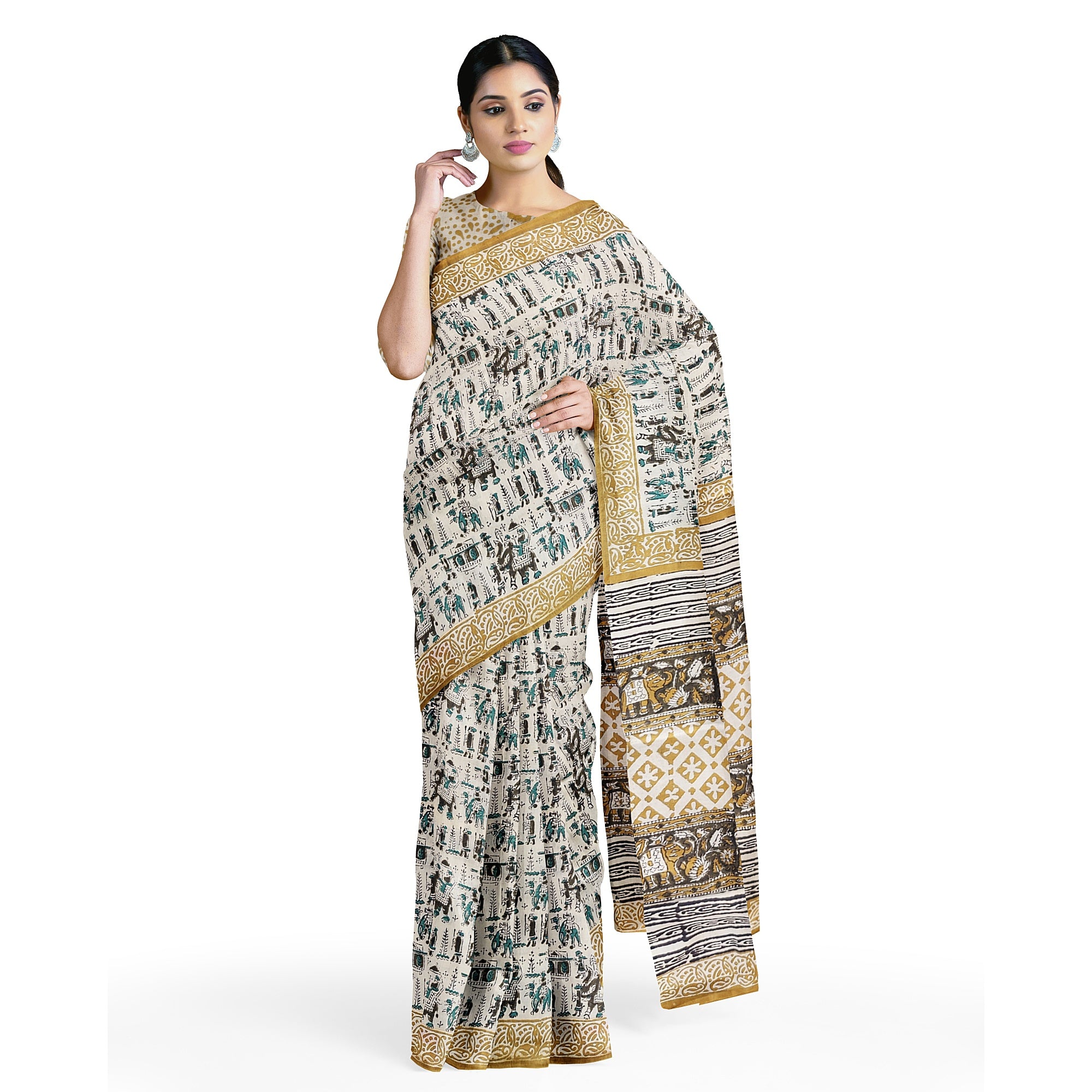 Charming Cream Cotton Saree with Elephant Design & Mustard Border - New Sudarshan Silks`