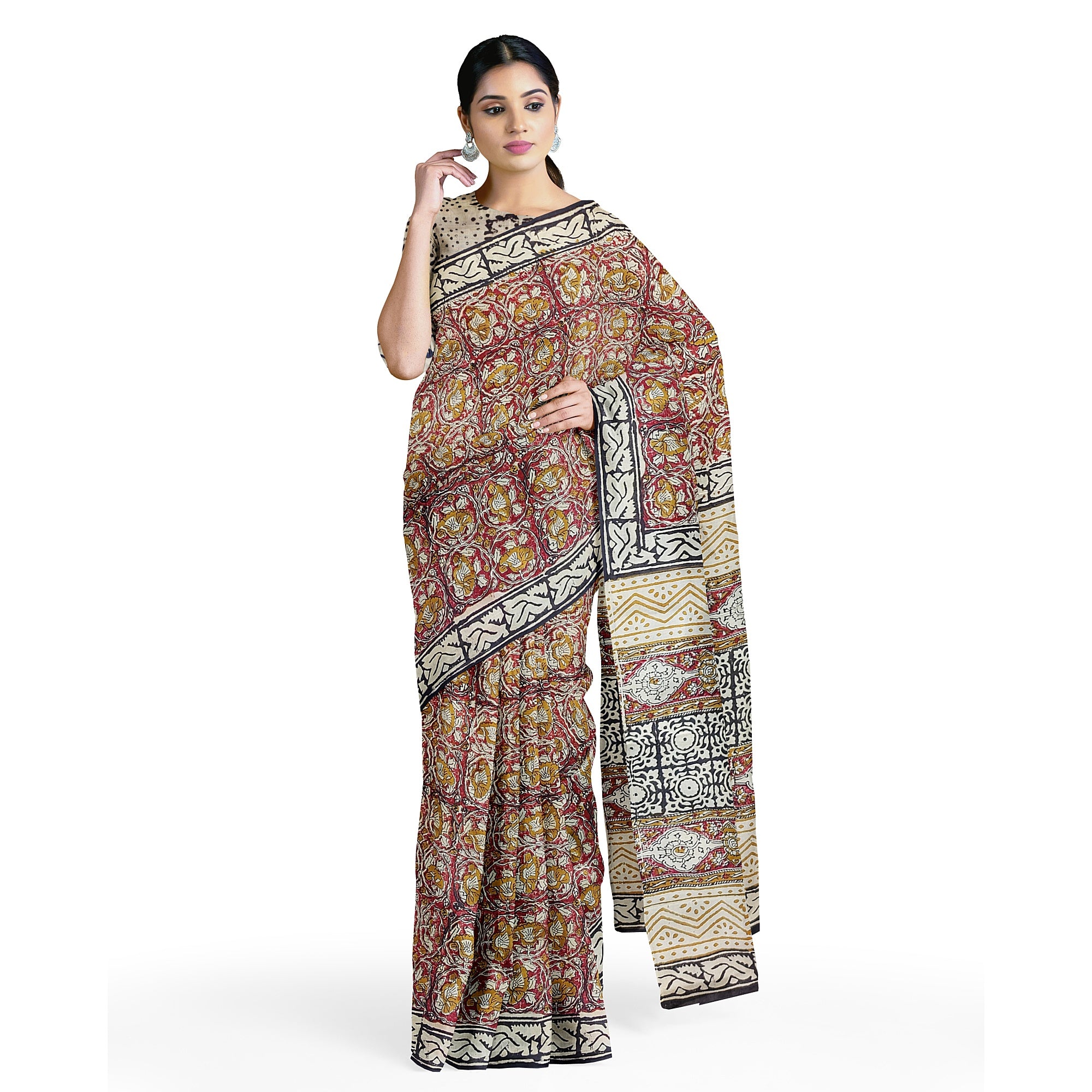 Chic Pink Cotton Saree with Floral Design & Black Border - New Sudarshan Silks`