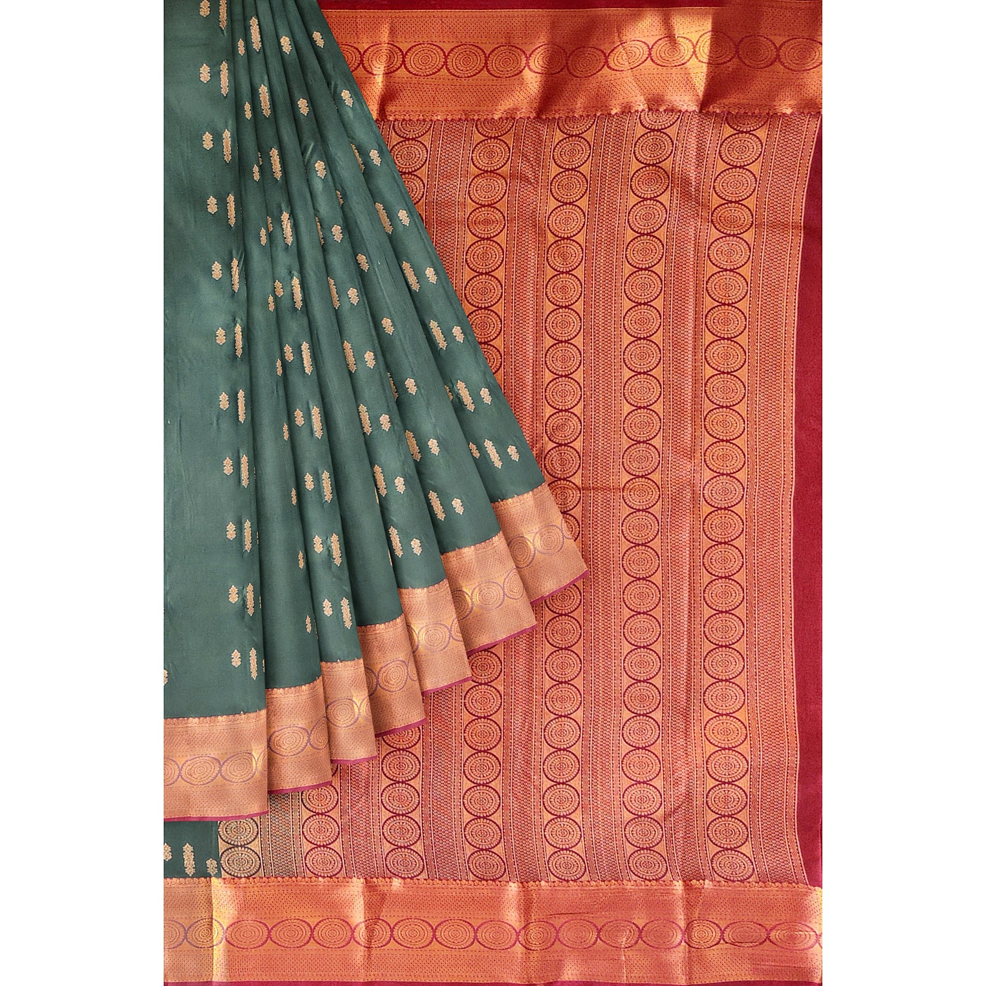 "Bottle Green Semi Silk Saree with Brick Brown Border – Timeless Elegance" - New Sudarshan Silks`