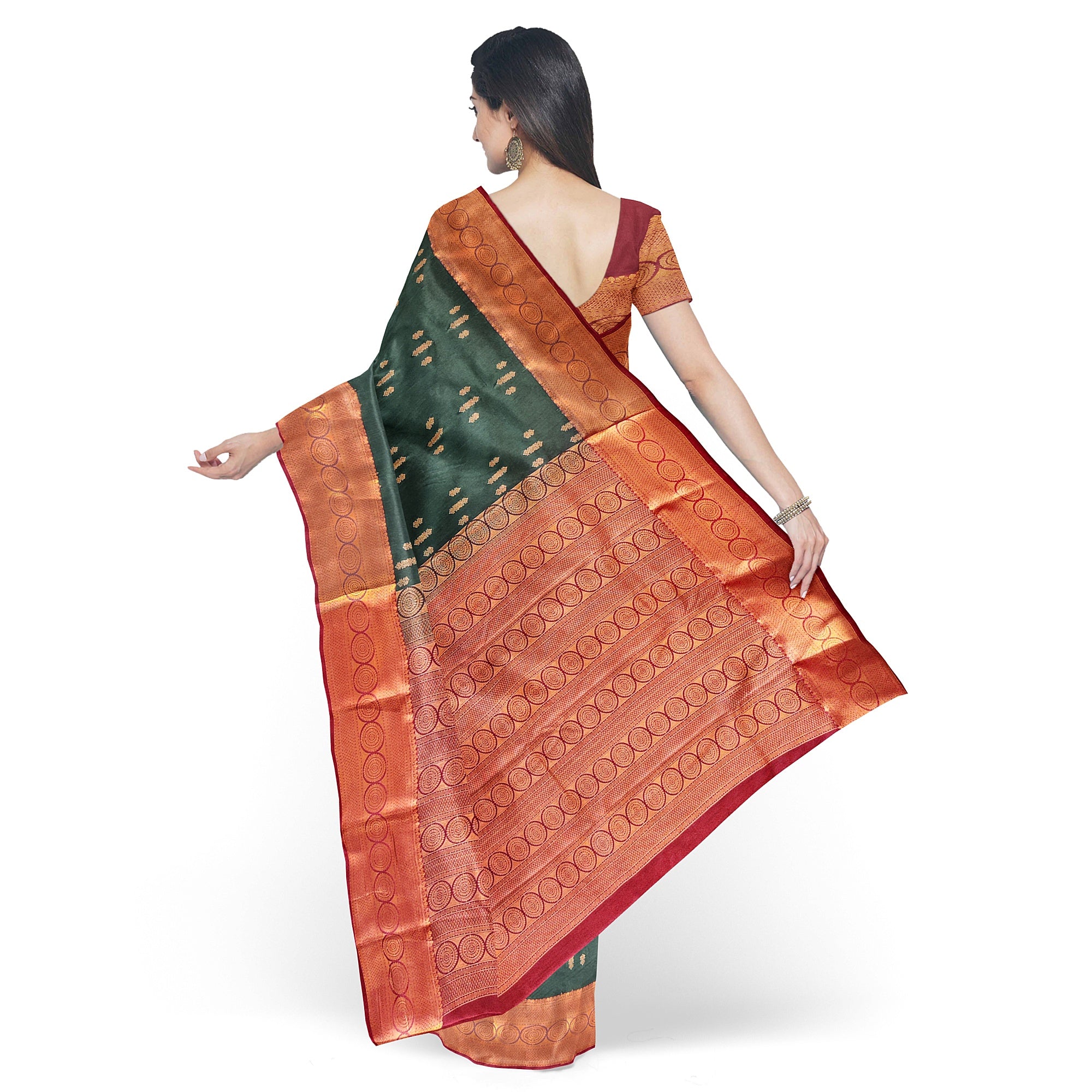 "Bottle Green Semi Silk Saree with Brick Brown Border – Timeless Elegance" - New Sudarshan Silks`