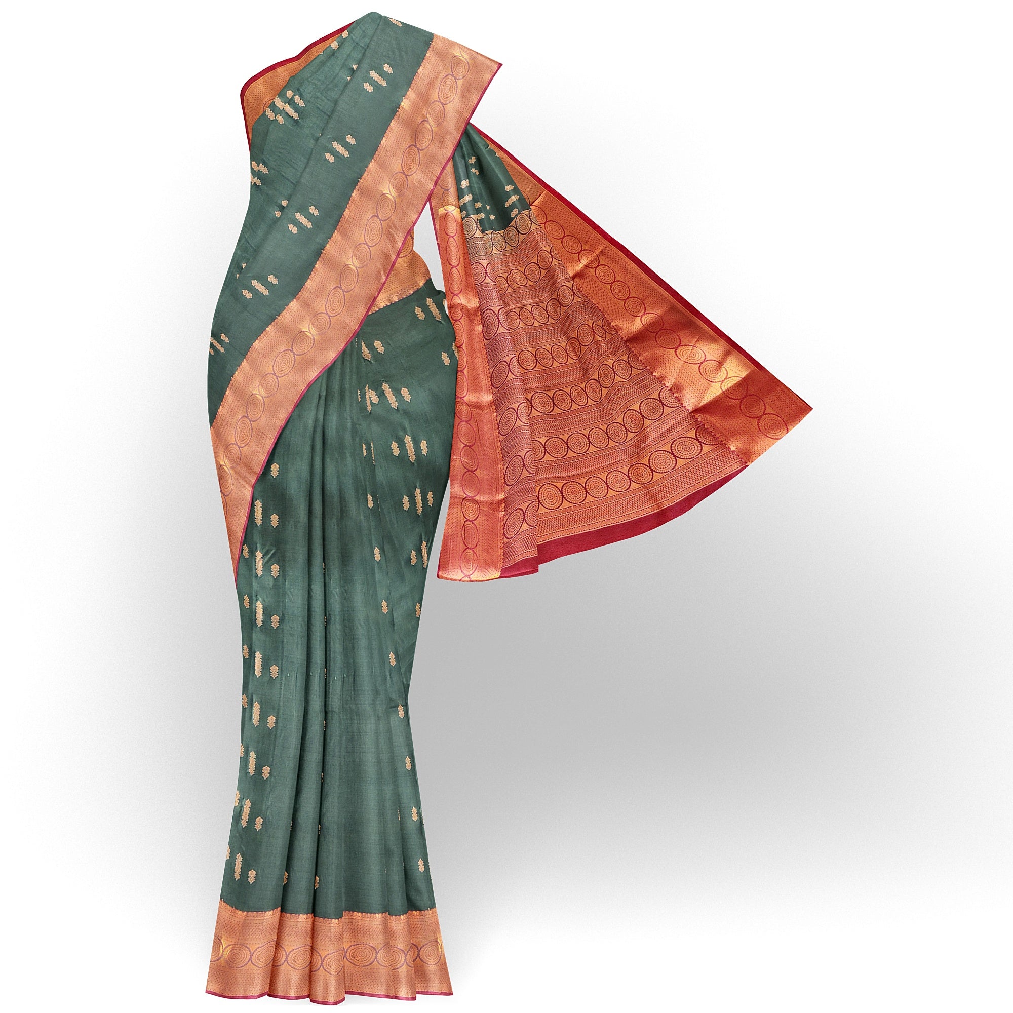 "Bottle Green Semi Silk Saree with Brick Brown Border – Timeless Elegance" - New Sudarshan Silks`