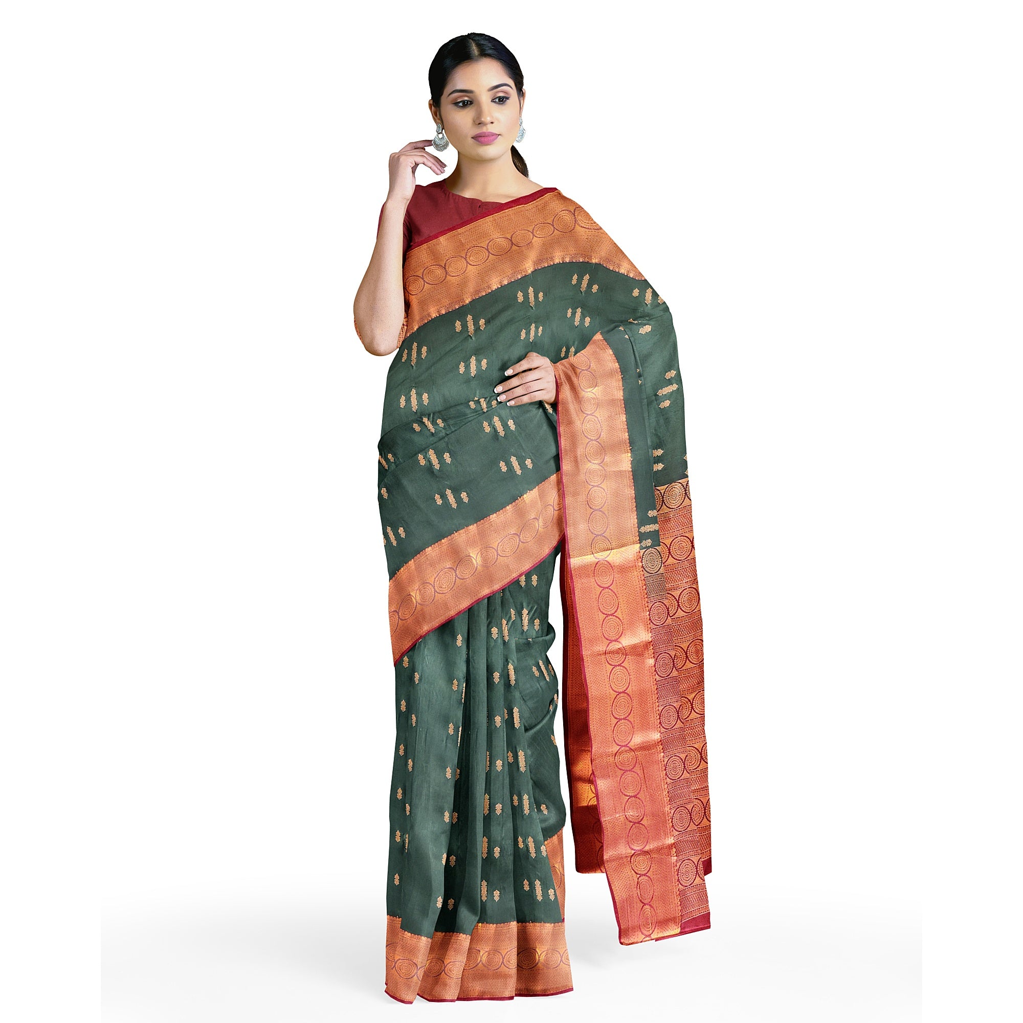 "Bottle Green Semi Silk Saree with Brick Brown Border – Timeless Elegance" - New Sudarshan Silks`
