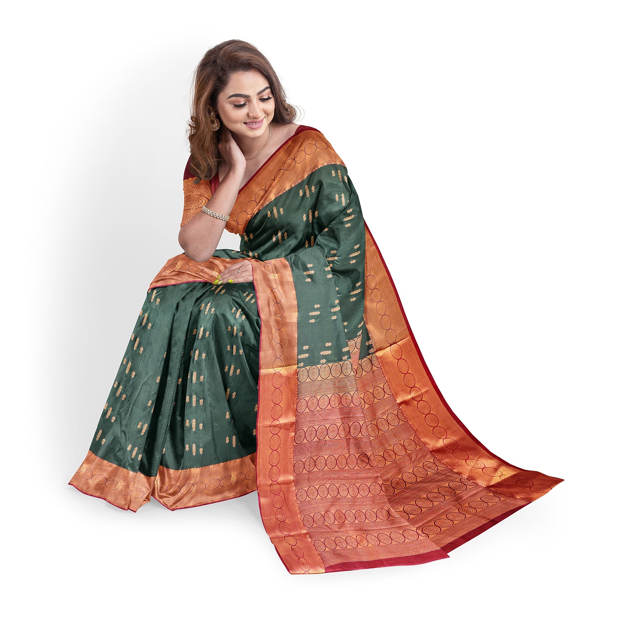"Bottle Green Semi Silk Saree with Brick Brown Border – Timeless Elegance" - New Sudarshan Silks`