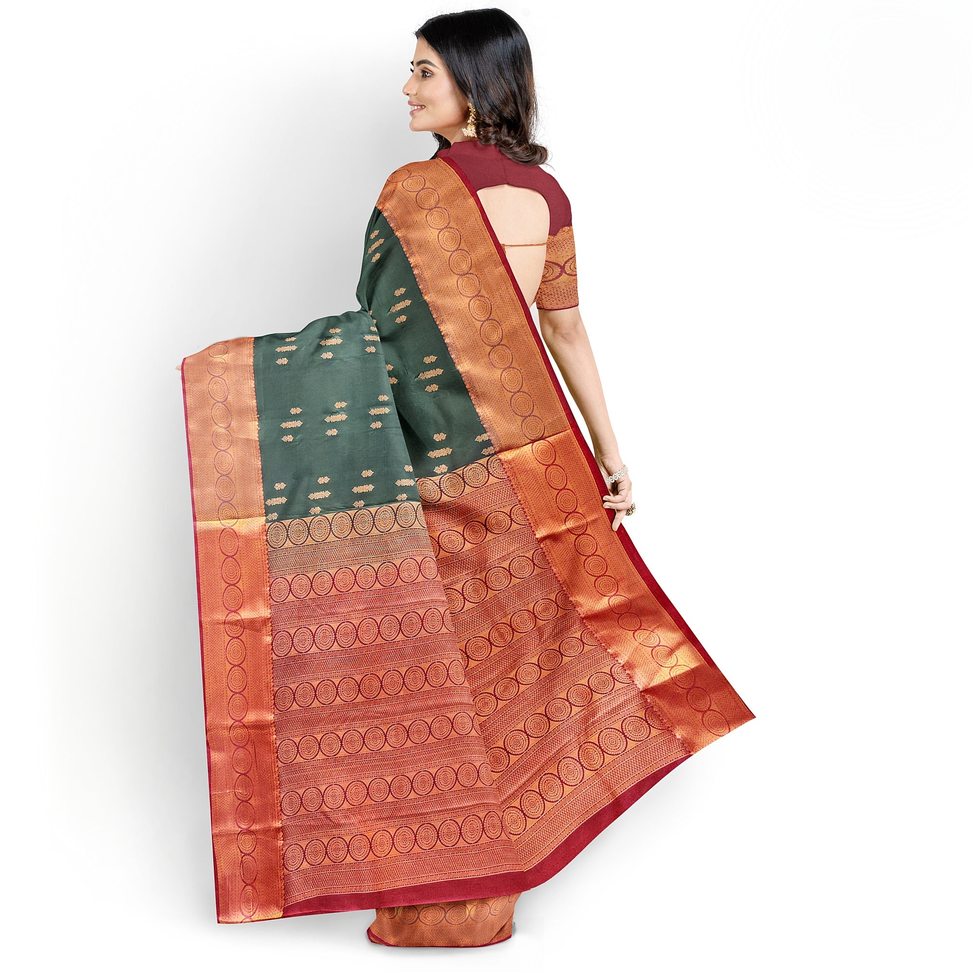 "Bottle Green Semi Silk Saree with Brick Brown Border – Timeless Elegance" - New Sudarshan Silks`