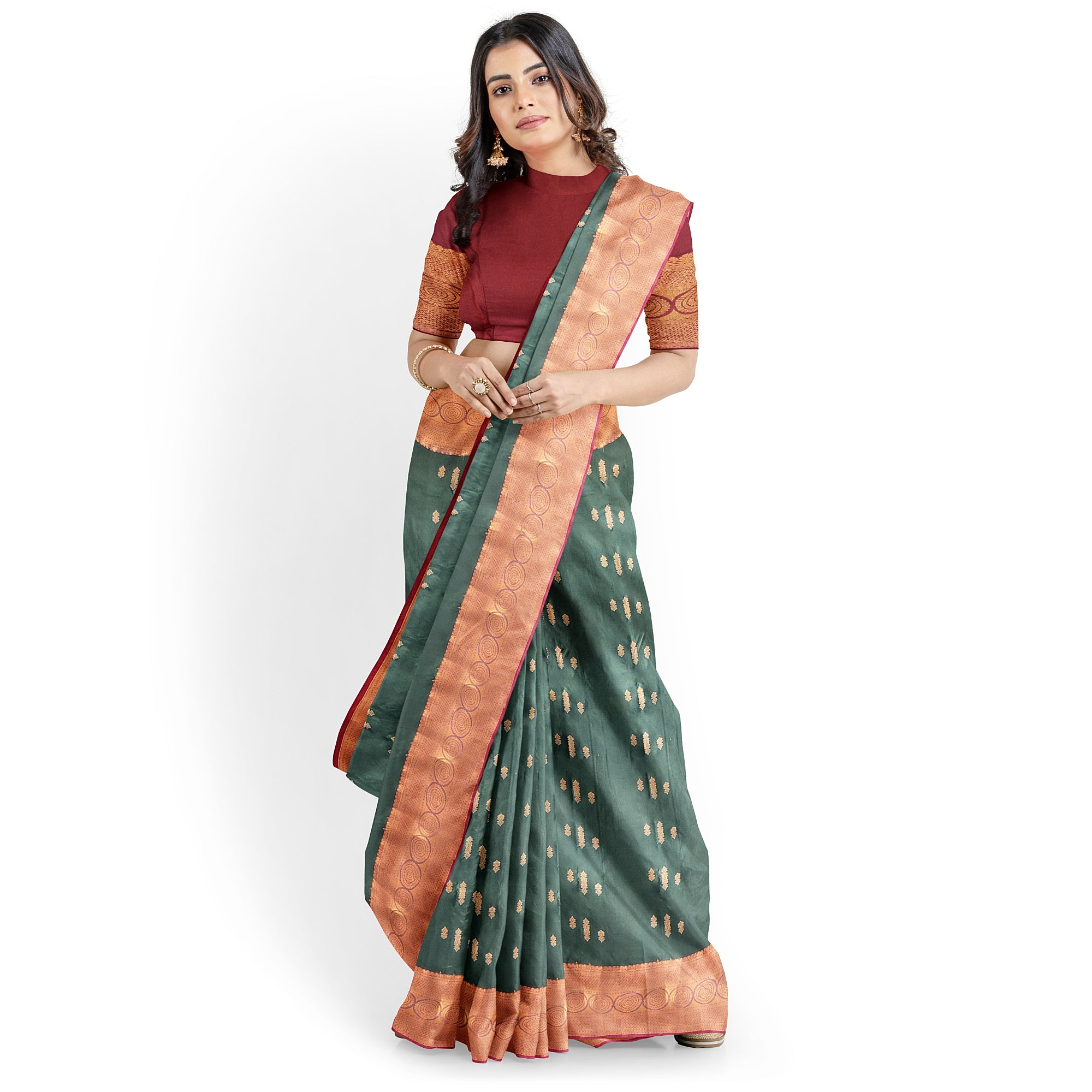 "Bottle Green Semi Silk Saree with Brick Brown Border – Timeless Elegance" - New Sudarshan Silks`