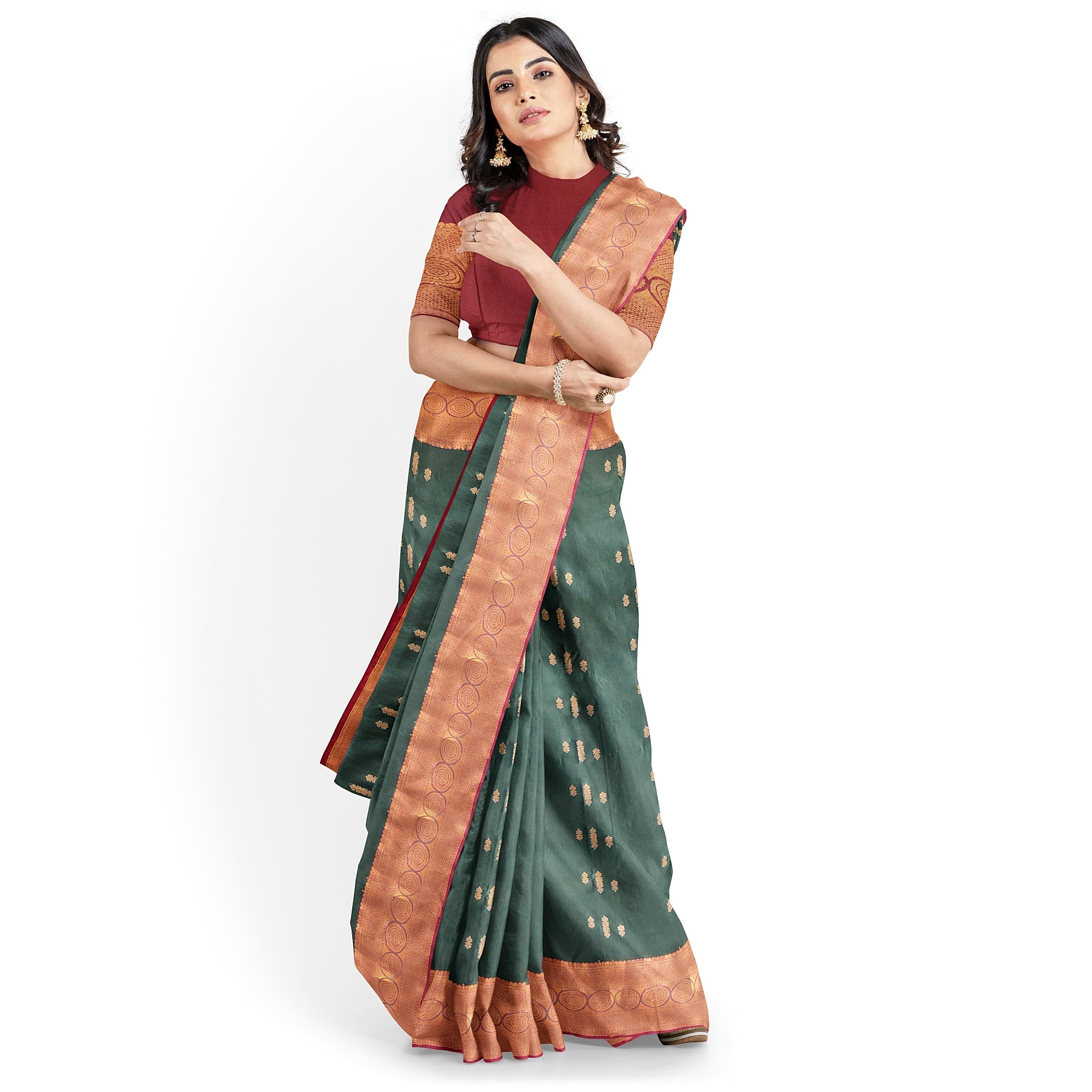 "Bottle Green Semi Silk Saree with Brick Brown Border – Timeless Elegance" - New Sudarshan Silks`