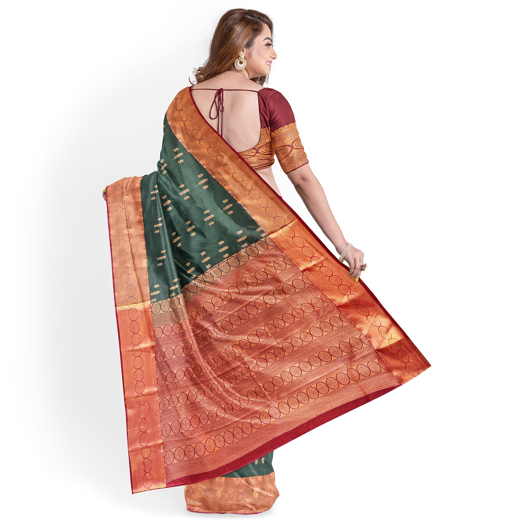 "Bottle Green Semi Silk Saree with Brick Brown Border – Timeless Elegance" - New Sudarshan Silks`