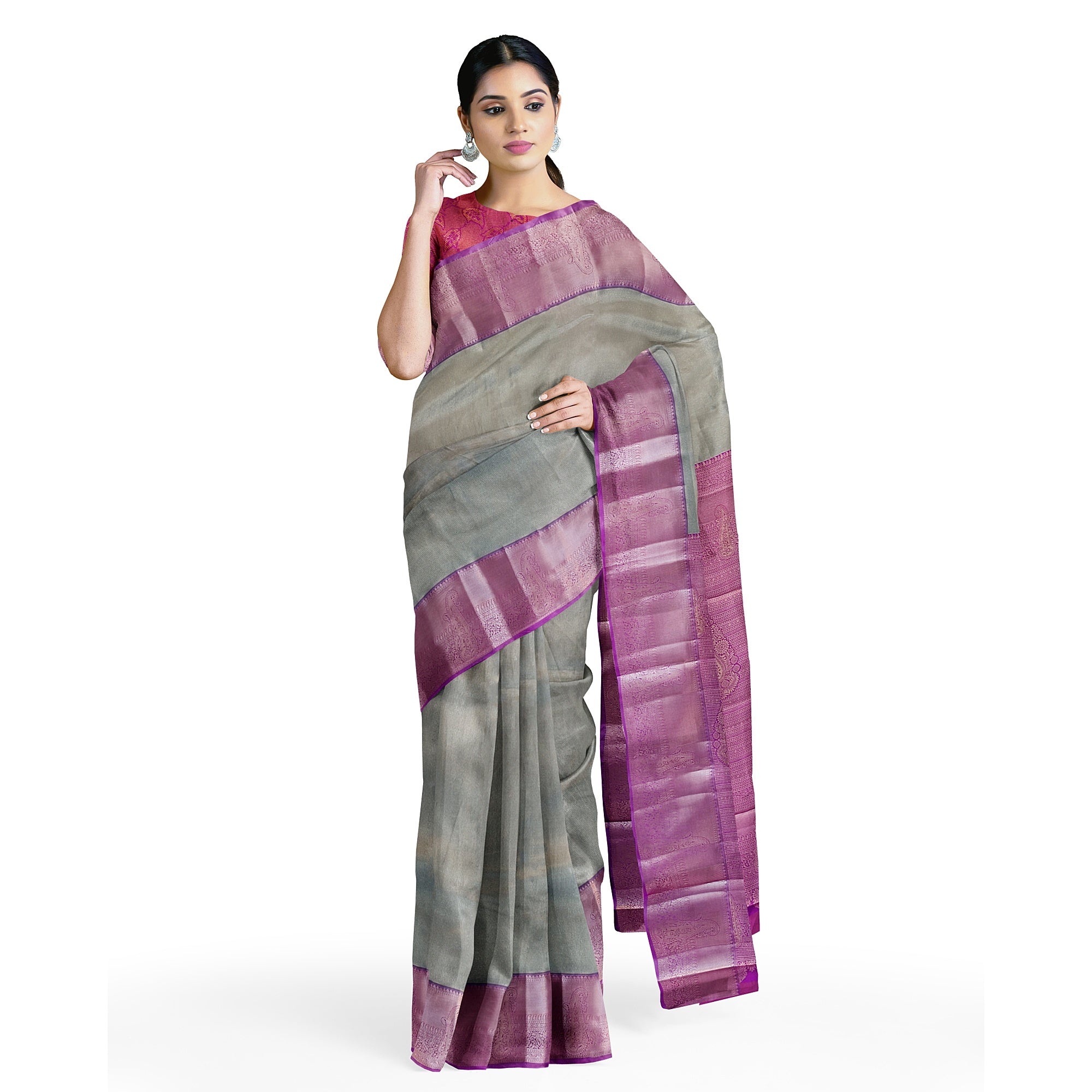 Grey Semi Tissue Saree with Plain Design and Baby Pink Border - New Sudarshan Silks`