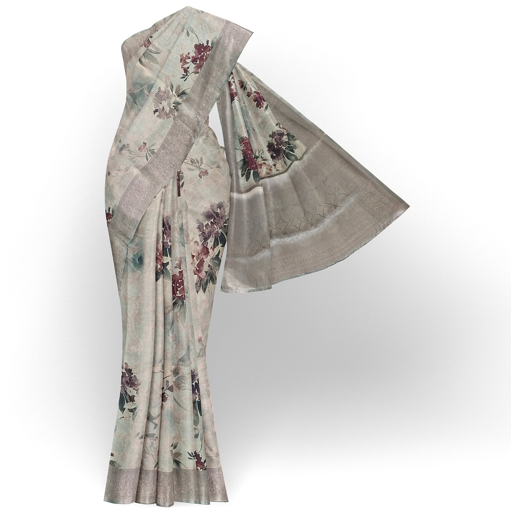 Elegant Grey Printed Raw Silk Saree with Matching Grey Border - New Sudarshan Silks`