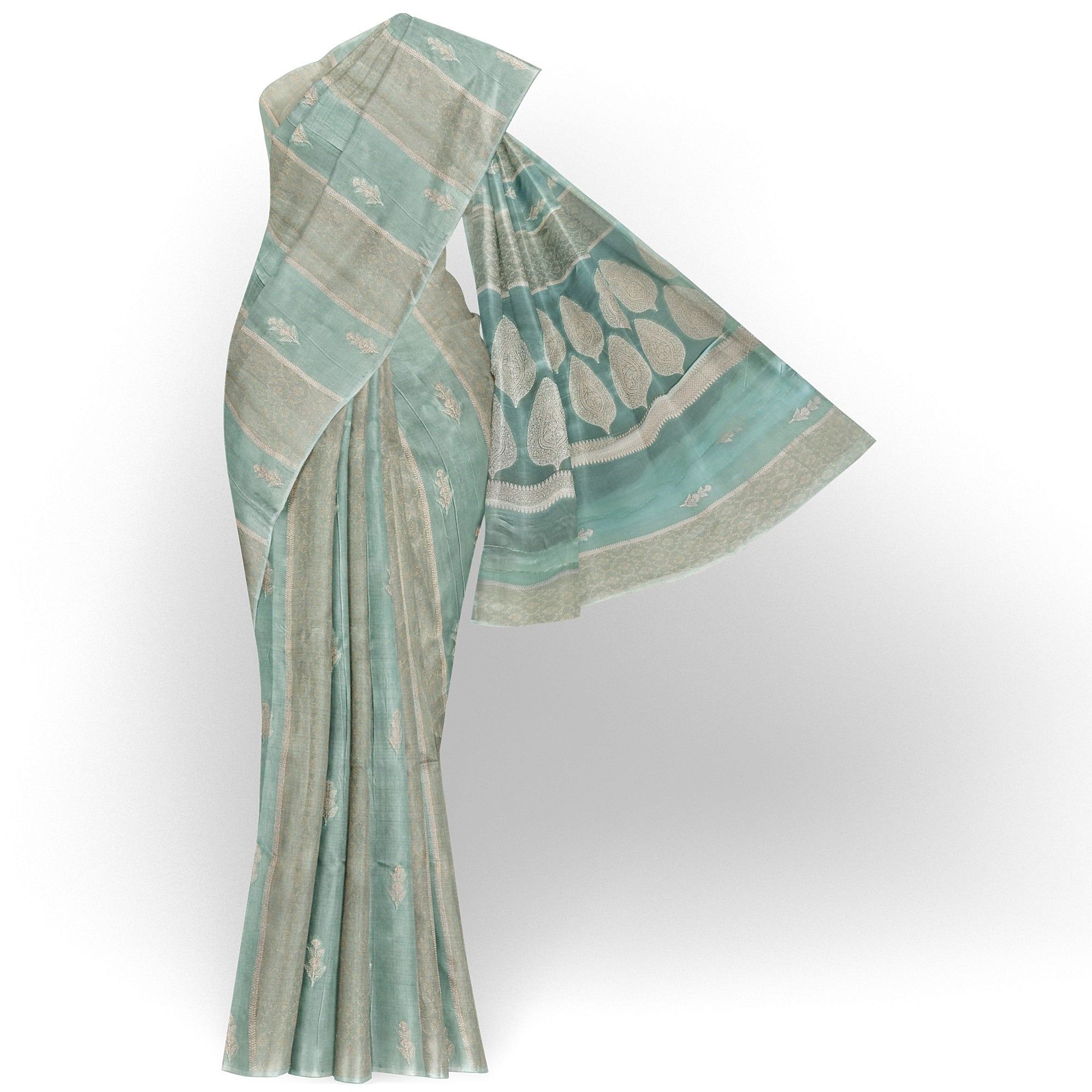 Stunning Akash Blue Fancy Raw Silk Saree with Grand Pallu Border - New Sudarshan Silks`