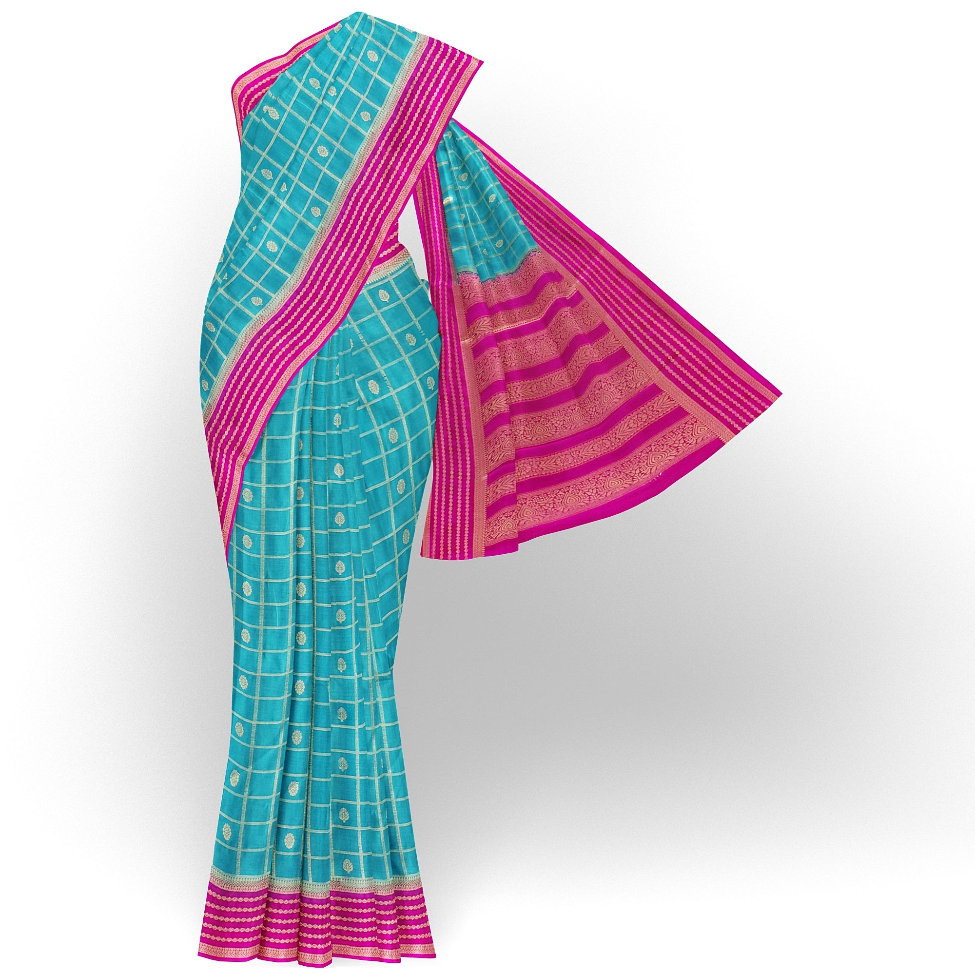 "Rama Blue Checks Crepe Raw Silk Saree with Pink Border – Elegant and Unique" - New Sudarshan Silks`