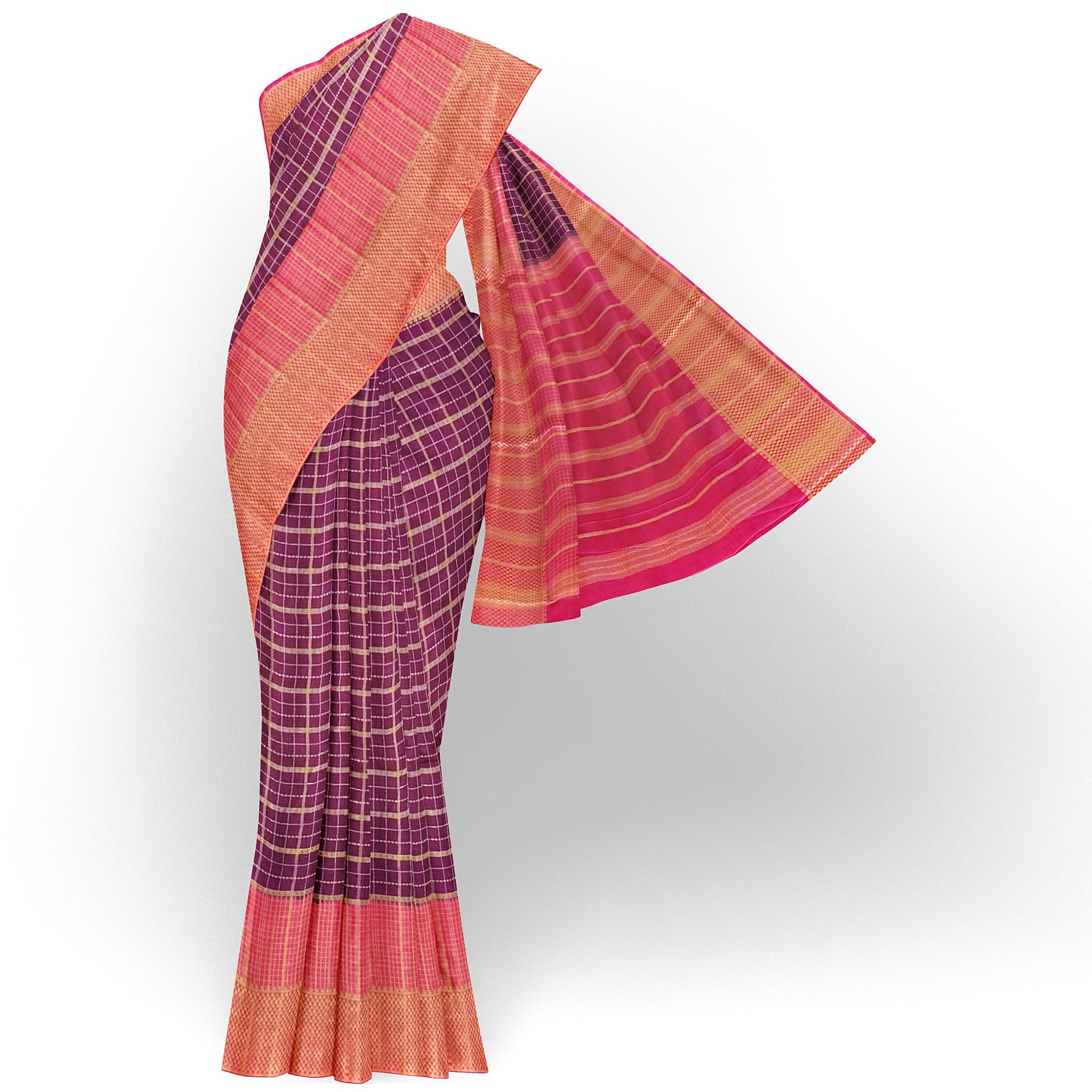 "Maroon Checks Crepe Raw Silk Saree with Peach Orange Border – Elegant and Contemporary" - New Sudarshan Silks`