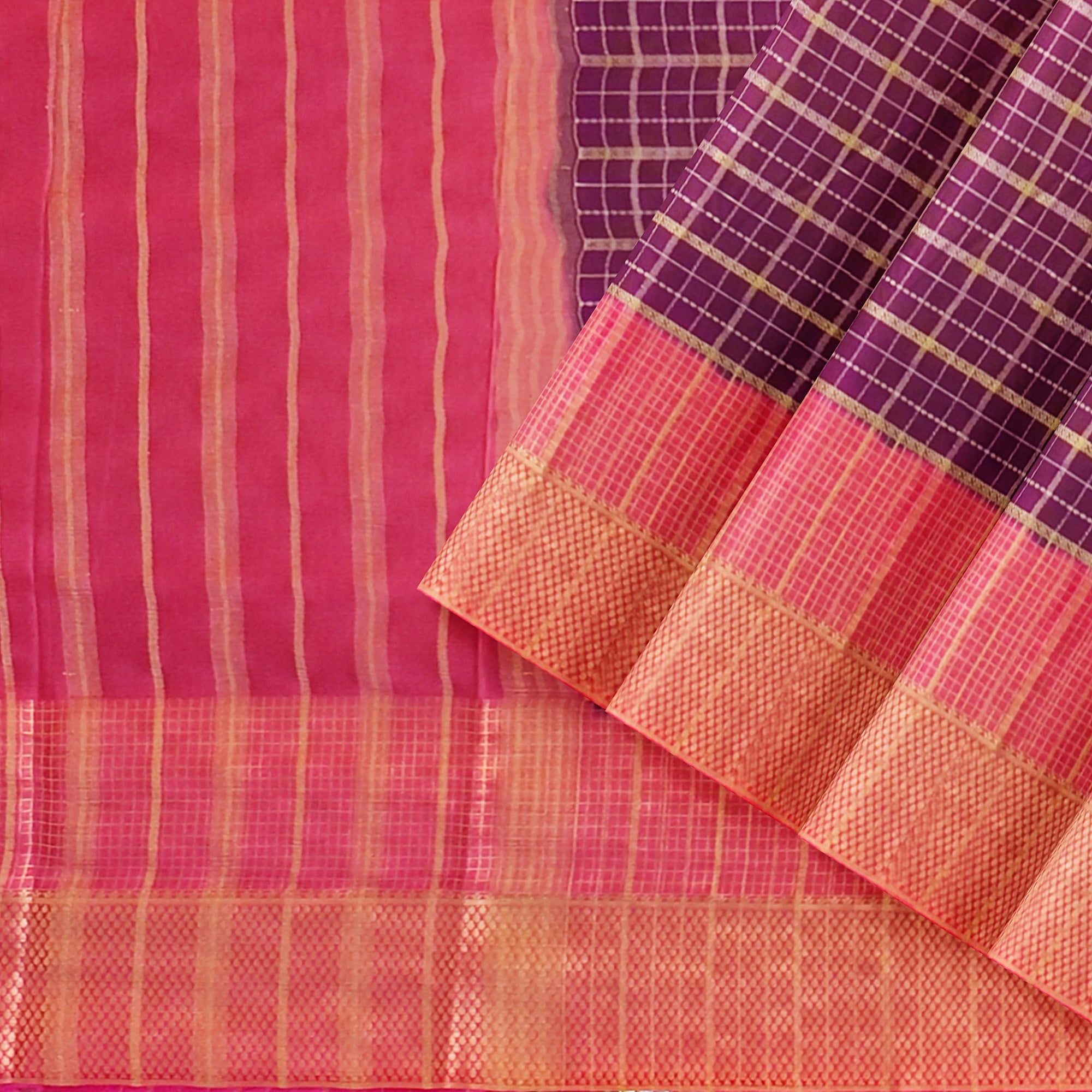 "Maroon Checks Crepe Raw Silk Saree with Peach Orange Border – Elegant and Contemporary" - New Sudarshan Silks`