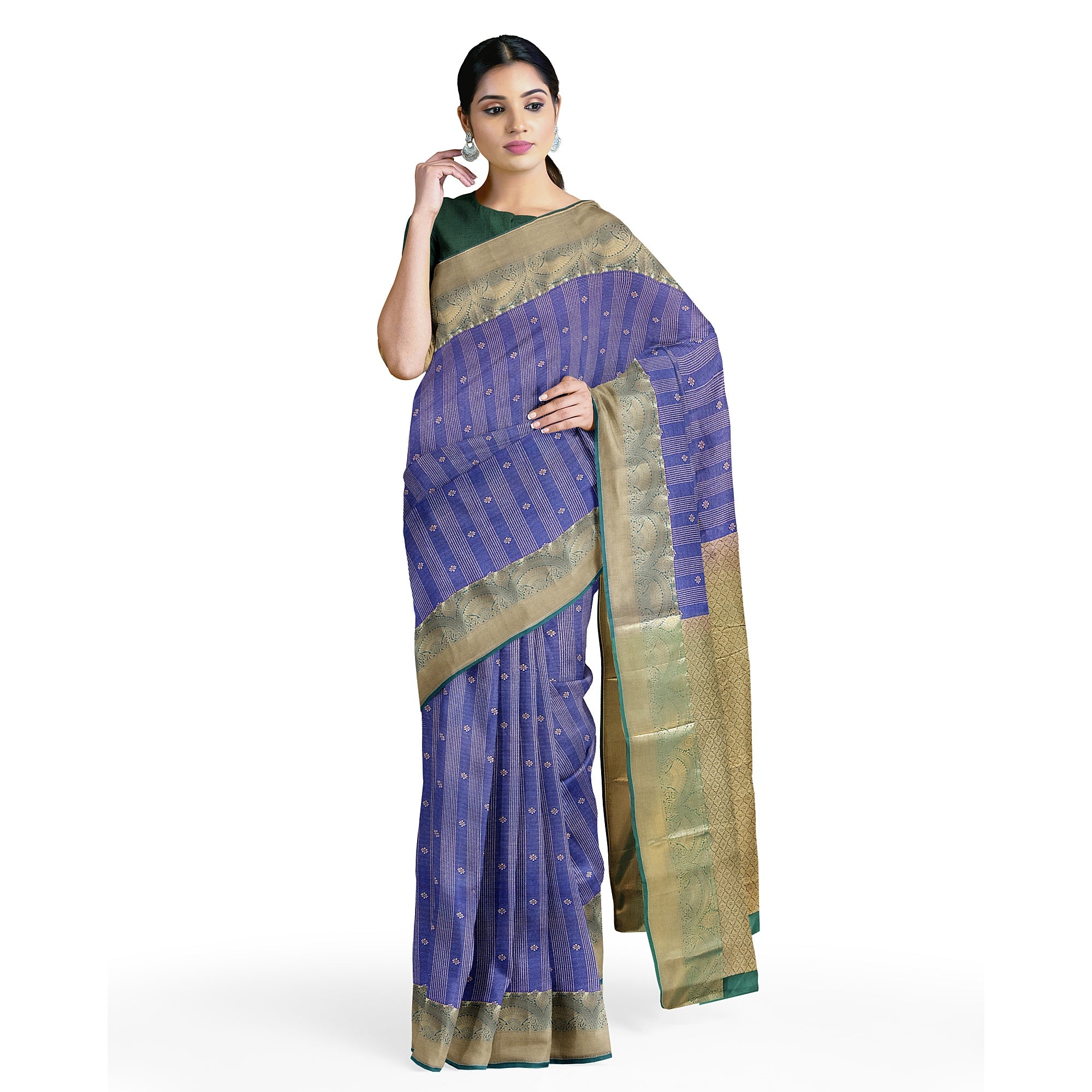 "Blue Zari Semi Silk Saree with Green Border – Elegant Ethnic Wear" - New Sudarshan Silks`