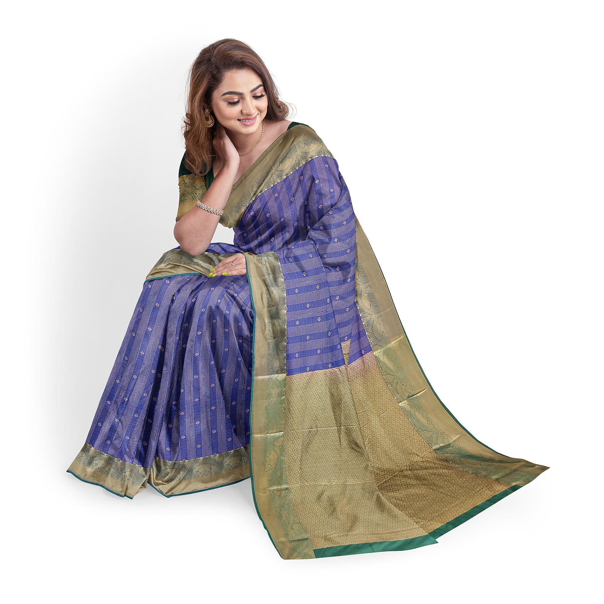 "Blue Zari Semi Silk Saree with Green Border – Elegant Ethnic Wear" - New Sudarshan Silks`